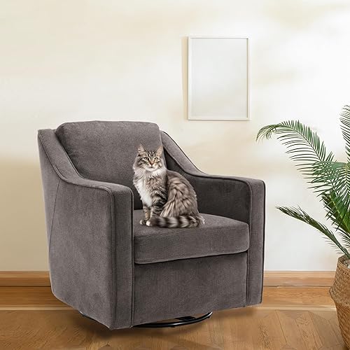 COLAMY Upholstered 360° Swivel Accent Chair with Track Arms, Thick Padded Arm Chair with Solid Metal Base, Comfortable Mid-Century Modern Single Sofa Reading Chair for Living Room, Bedroom, Grey