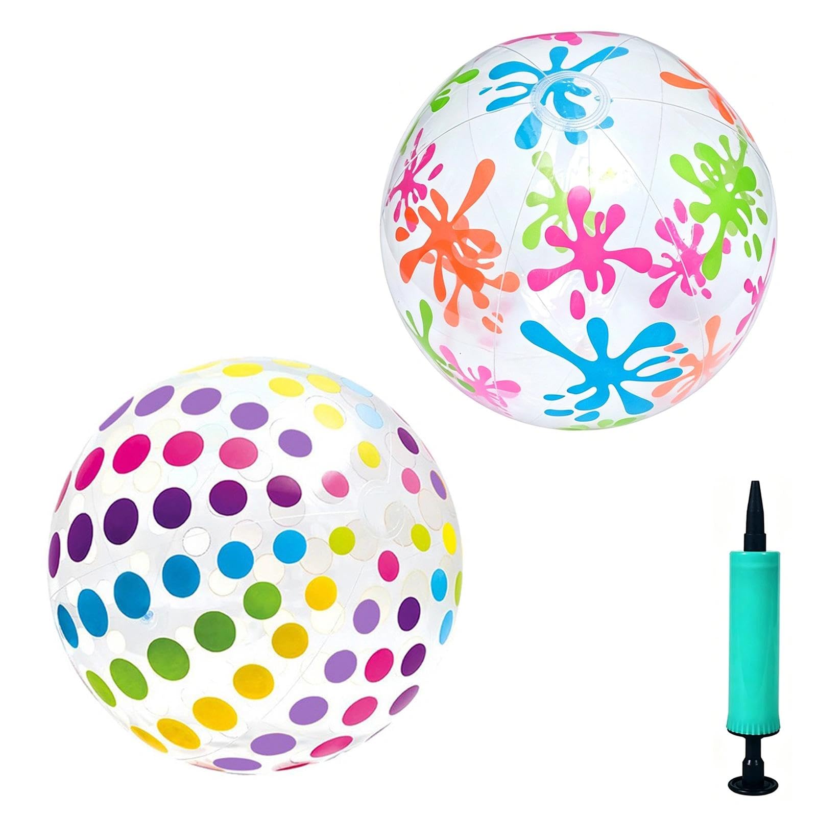 AYZDJ 3PCS Beach Balls with Pump: 2 Pcs Inflatable Toys – Rainbow Polka Dot + Seaweed Pattern Beach Ball + 1 Manual Air Pump – Outdoor Sports, Sand Play, Pool Party Supplies, Water Games