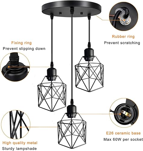Miniatura 2 de Lámpara colgante industrial de 3 luces, lámparas colgantes ajustables, lámpara colgante vintage de granja con jaula de metal para cocina, comedor,