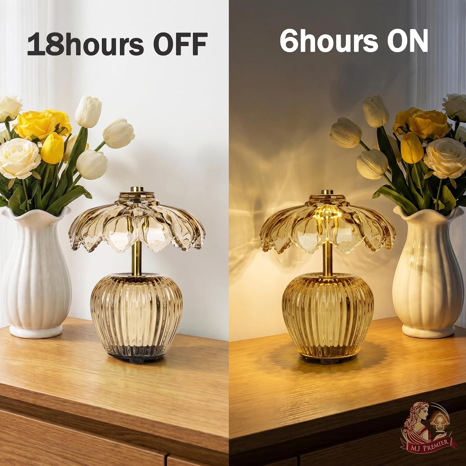 MJ PREMIER Rechargeable Table Lamp, Cordless Lamp with Timer, Crystal Glass Flower Lampshade, Small Table Lamps, Decorative Led Light for Bedroom Living Room Shelf (Yellow)