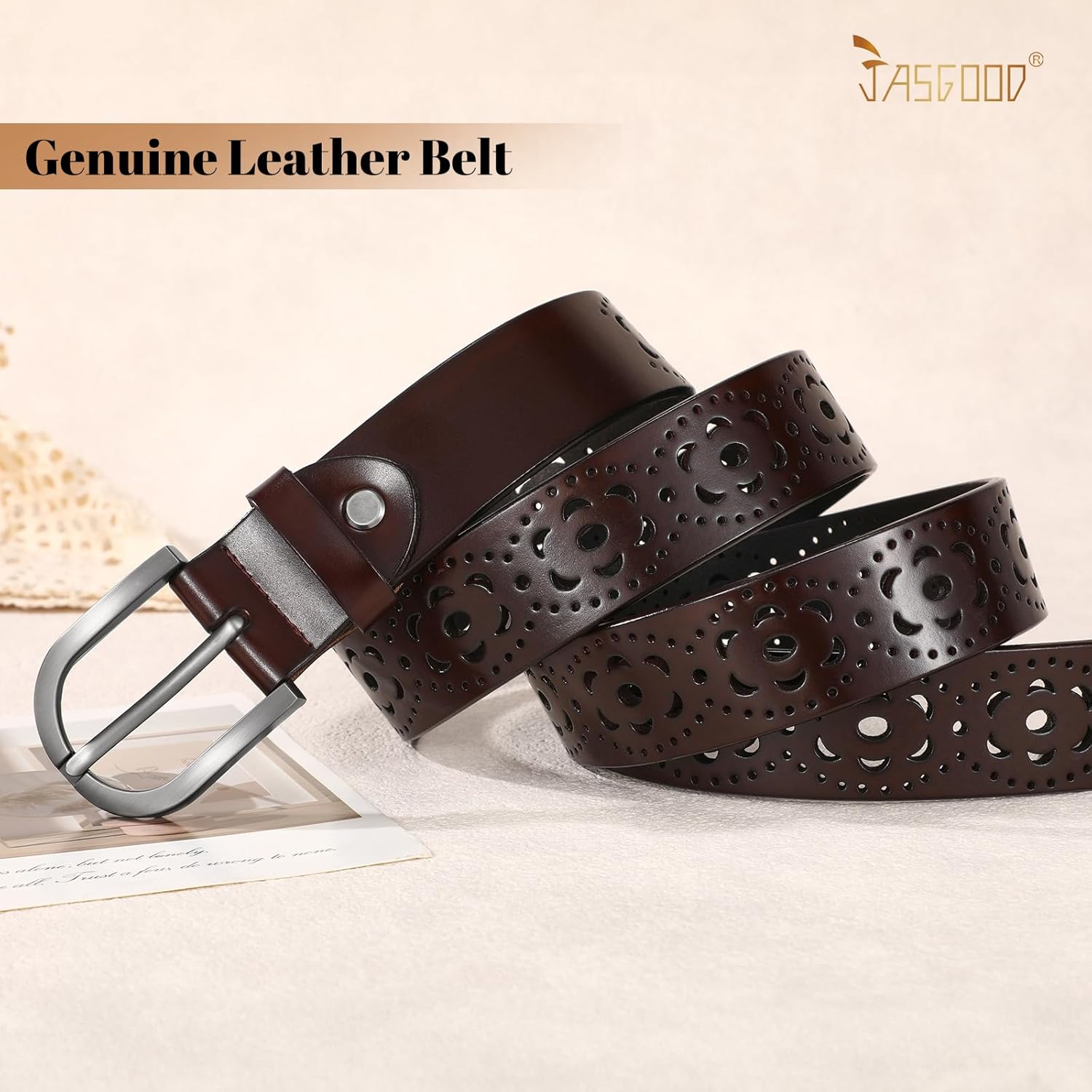 JASGOOD Hollow Genuine Leather Belt for Women Ladies Belt for Jeans Pants Casual Waist Belt - Image 3