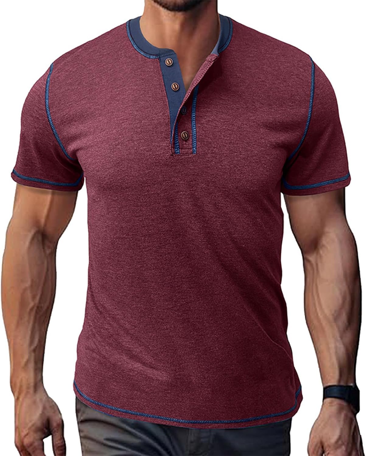WENKOMG1 Men's Casual Henley Shirt Short Sleeve Retro Button Tee Top, S-2XL