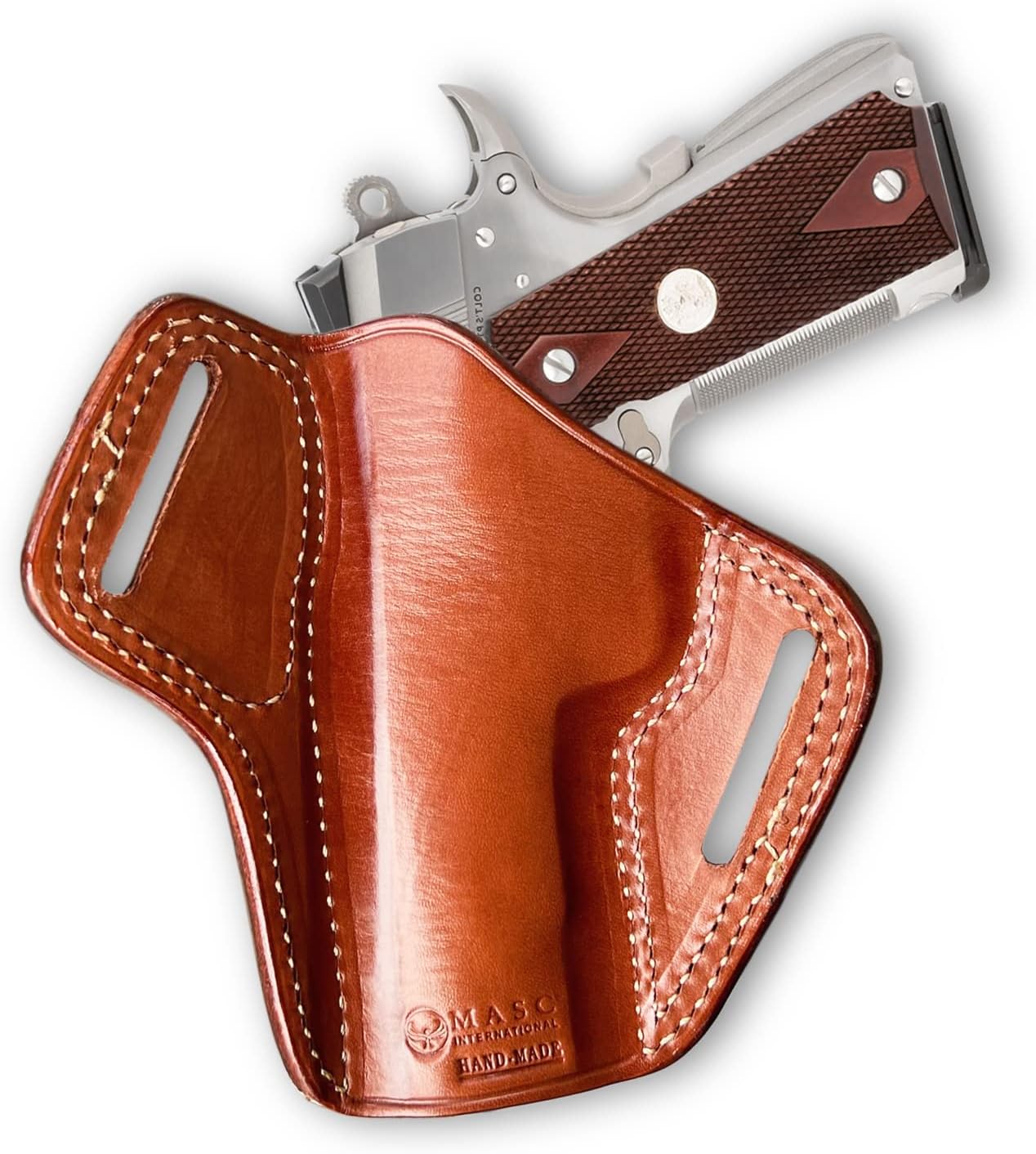 Masc Premium Leather OWB Pancake Holster Open Top Fits 1911 EMP Lightweight Champion 9mm 4-inch / 1911 Commander Non-Railed 4.25-inch, RH Draw Brown #1008#
