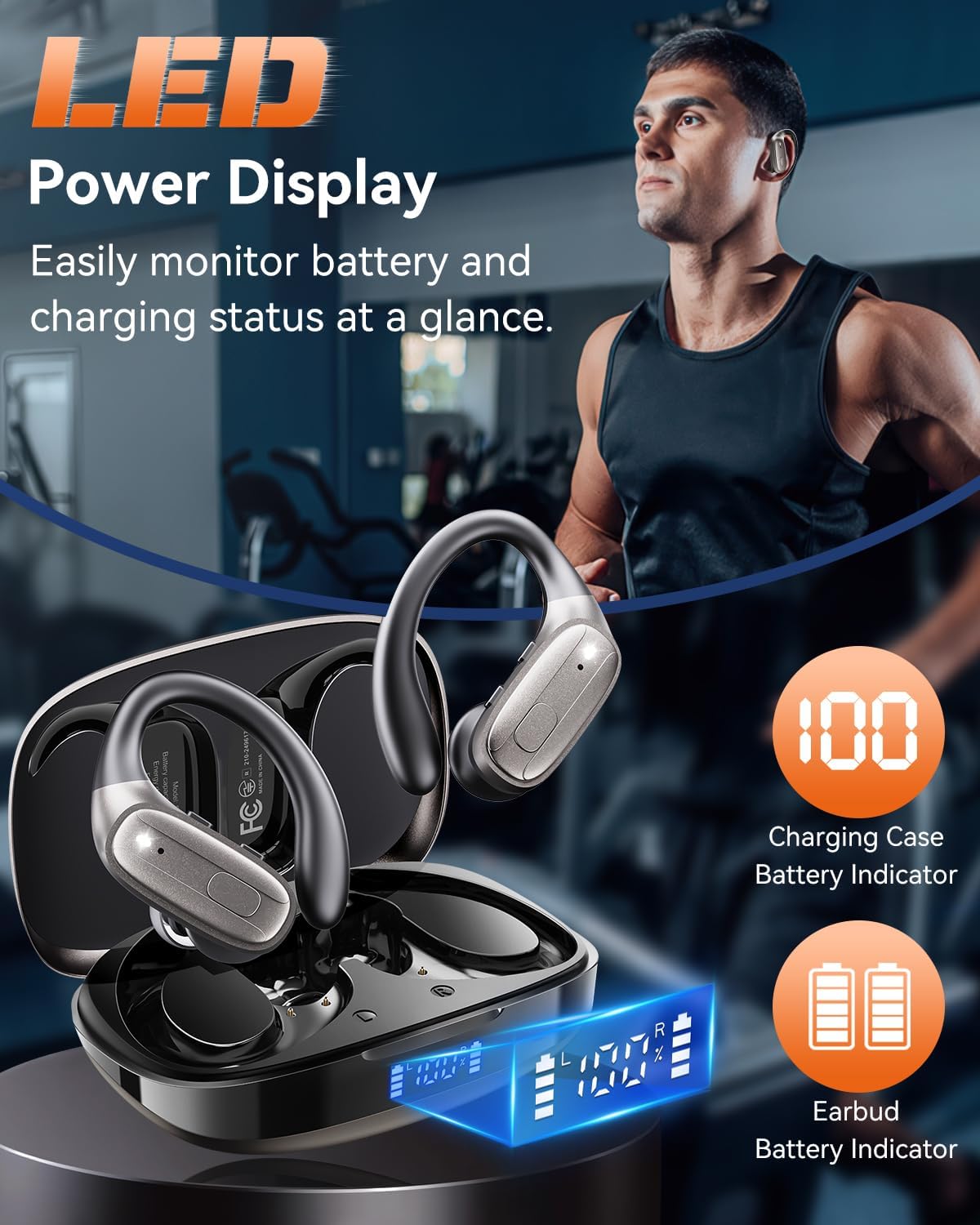 LEEMC Wireless Earbuds, Bluetooth Headphones 5.4, Ear Buds with Hooks for Sports, 80Hr Playtime Earphones, LED Display, IPX7 Waterproof Headset for Workout Running, Brown - Image 2