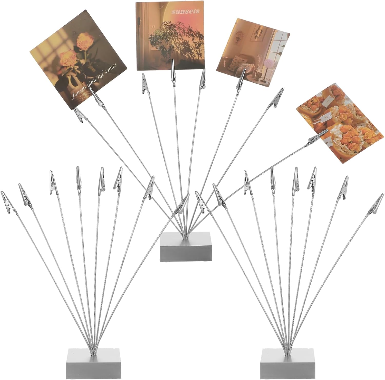 3 Pack Photo Tree Holder Clip Cube Base with 8 Flexible Branches, Silver Gift Card Holder for Displaying Pictures, Memos and Notes - Perfect for Christmas Wedding Birthday Party Decorations