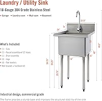 Vista 3 de TRINITY BASICS Fregadero independiente de acero inoxidable de un solo compartimento con grifo cromado, certificado NSF, para garaje, lavandería