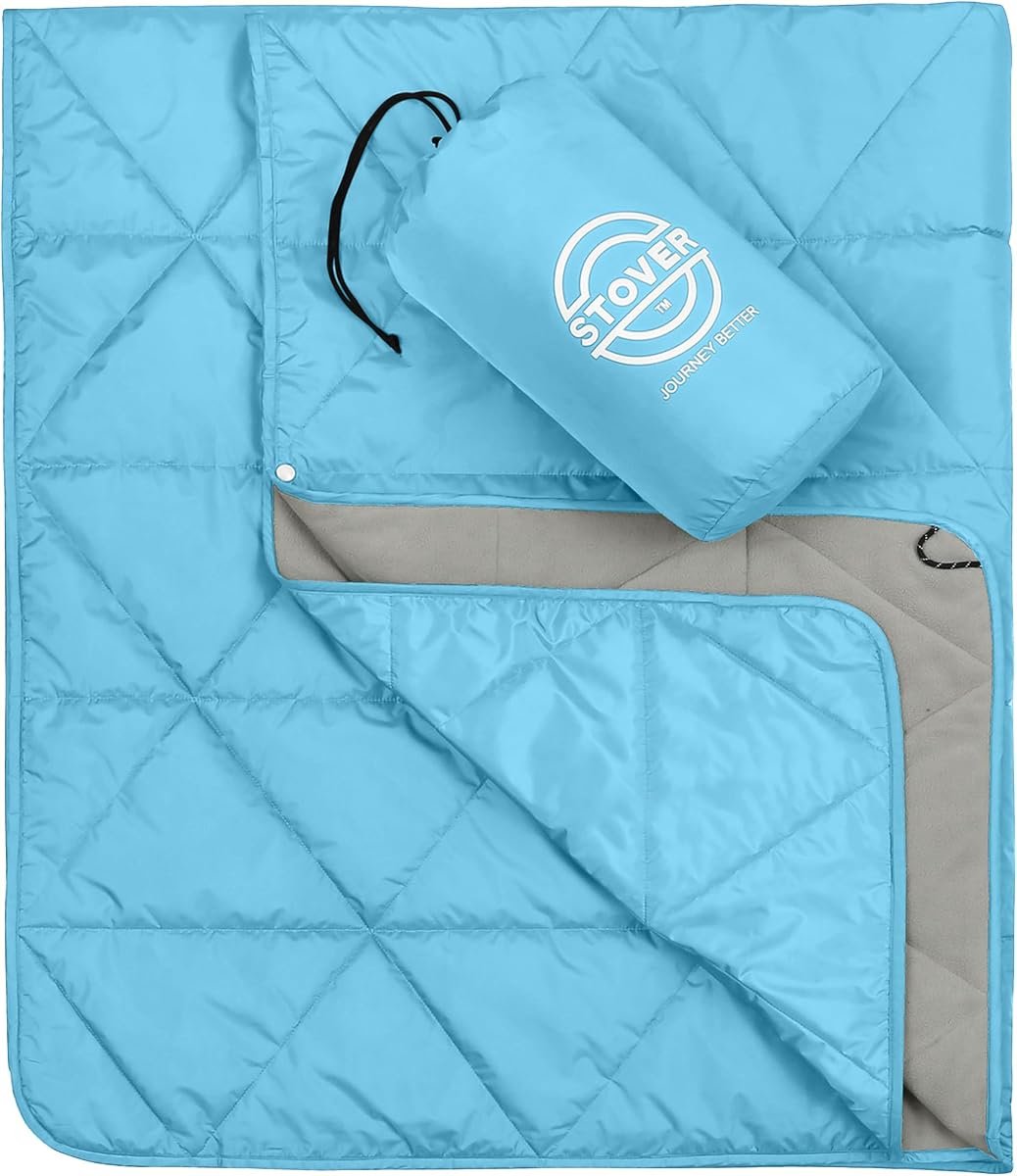 Outdoor Waterproof Fleece Travel Blanket for Camping, Picnics, Stadiums, Sports, the Beach– Warm, Windproof, Compact, Lightweight & Sand-Resistant (Sky Blue)