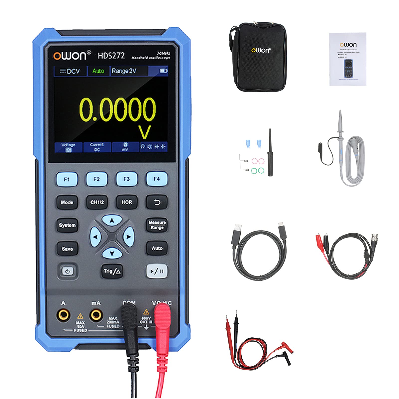 OWON HDS272 Handheld Digital Oscilloscope Multimeter, 2CH, 70MHz, USB Type C, 3.5 LCD Test Meter
