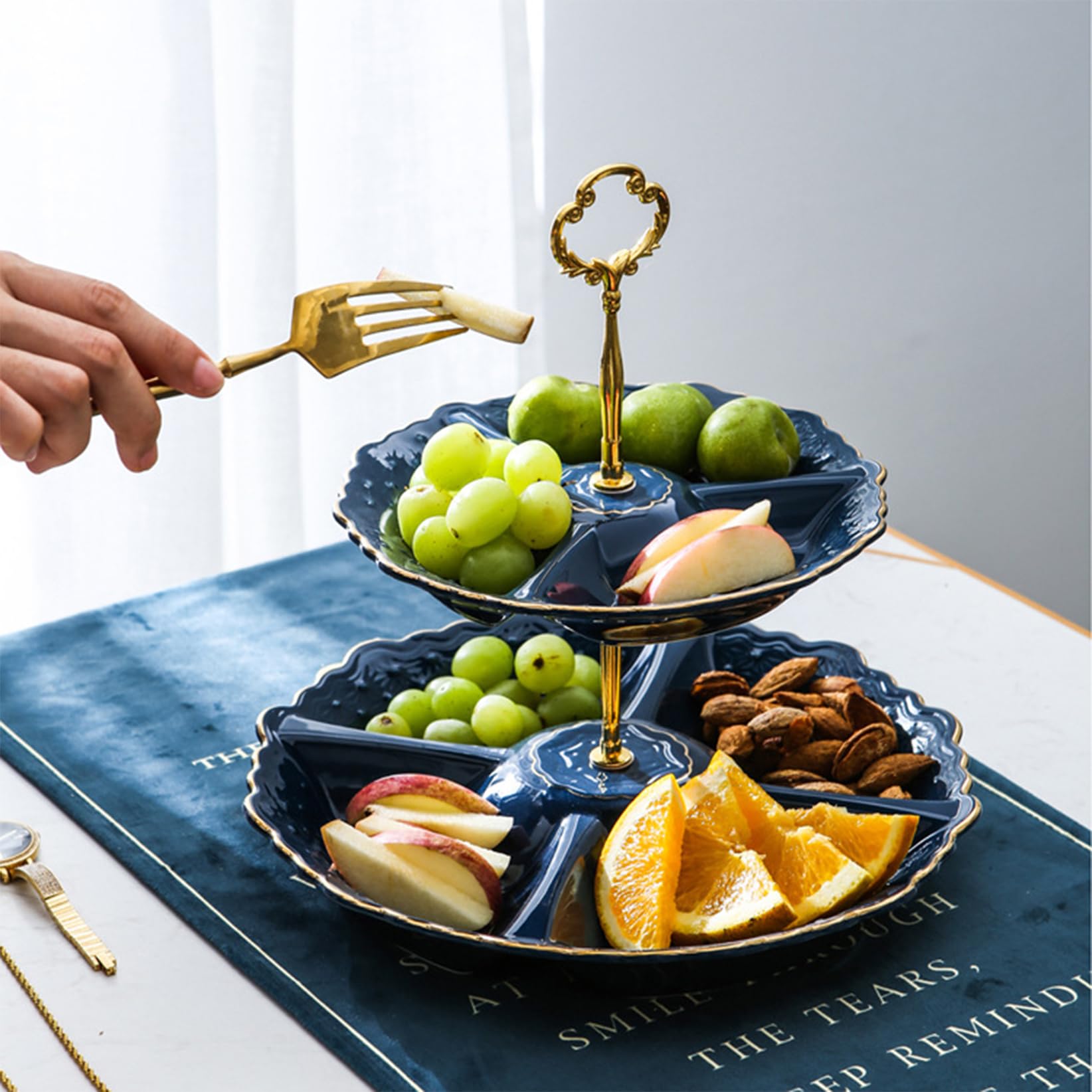 Celdas De 2 Niveles Celdas De Porcelana Soporte De Cupcake Siring Serving, Bandeja De Dulces De Fruta Seca Elegante En Relieve, Reposicionamiento De Pastelería para Blue
