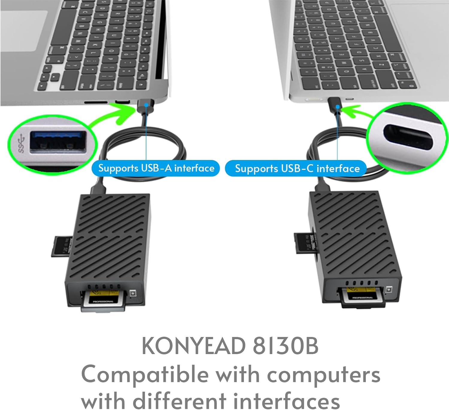 3-in-1 M.2 NVMe SSD & CFexpress B Type & SD Card-Reader and Enclosure,USB3.2 Type C 10Gbps,with Silent Fan Active Cooling,Compatible with M1/M2/M3/M4 Mac,Aluminum USB-C to PCIe NVMe Adapter (8130B)