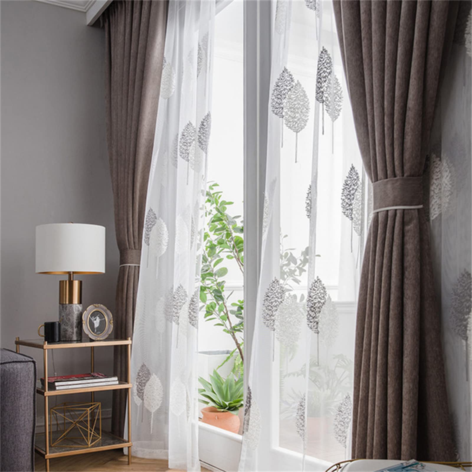 Translúcida Cortinas Visillo con Ollaos, Hojas grises blancas cortina de voile con bordadas,juego de 1 cortinas, de la luz Solar Mientras Protege Algo de privacidad para salón Habitacion 1x220x270CM
