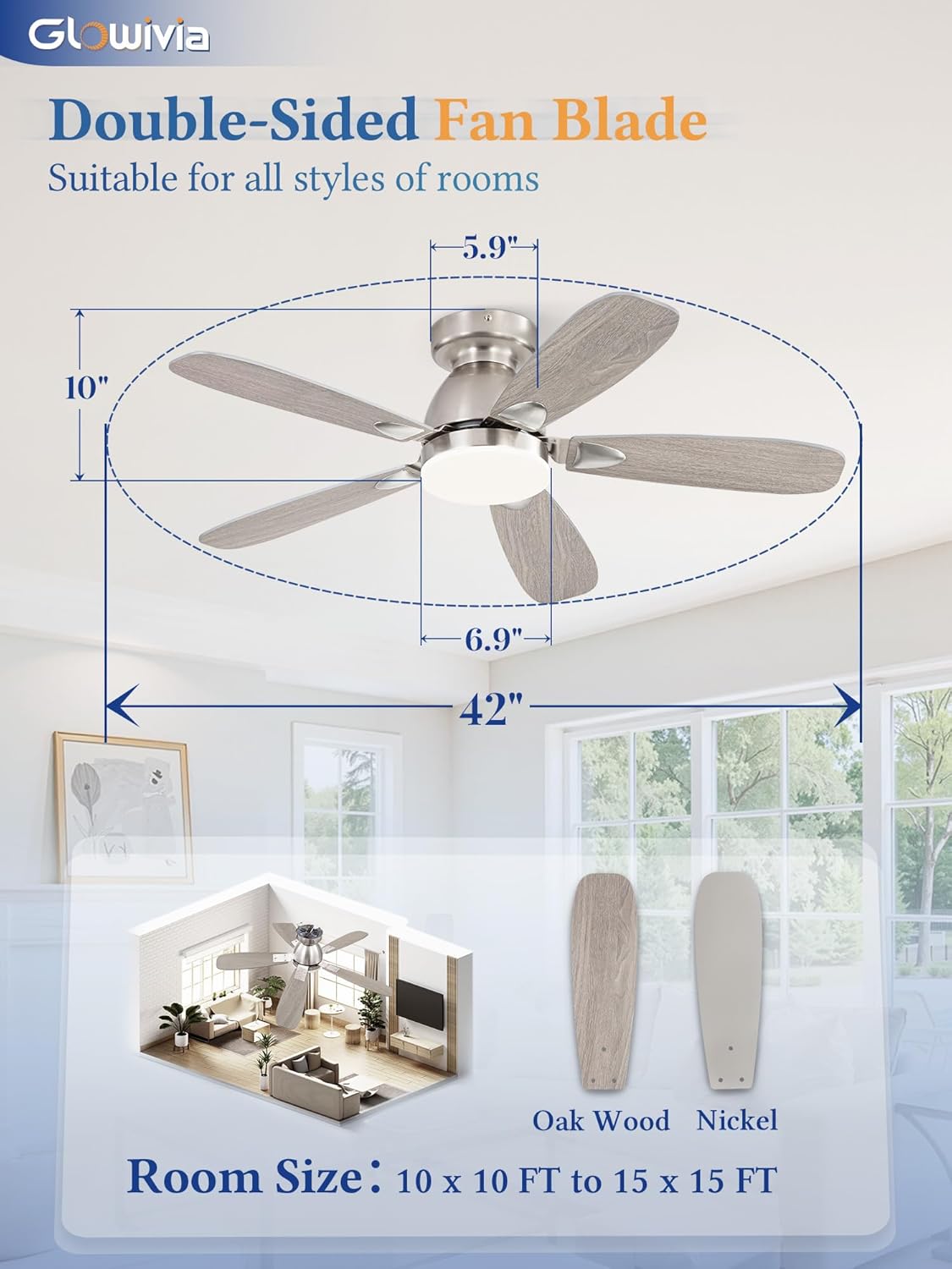 42 Inch Ceiling Fans with Lights and Remote Control,Modern Flush Mount Ceiling Fan with 3CCT Dimmable,Low Profile Ceiling Fans with 6-Speeds Reversible DC Motor for Bedroom Living Room(Nicel)