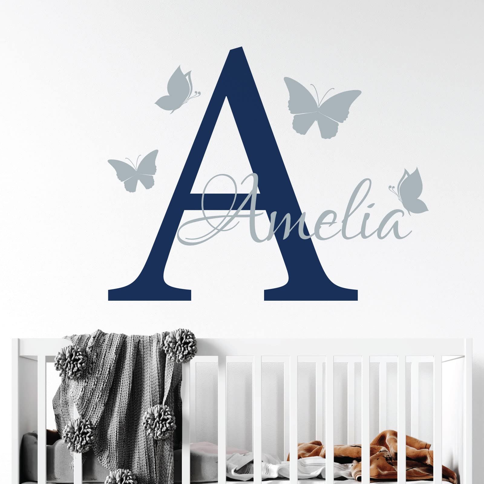 Personalised Name - Initial Letter and Butterflies - Baby Nursery Vinyl Wall Decal Sticker [Medium] [Cobalt]