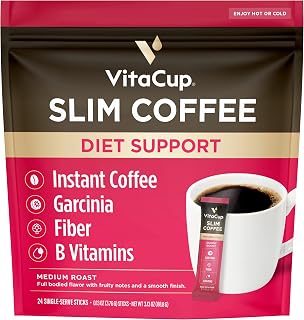 VitaCup Slim Instant Coffee Packets, Boost Diet & Metabolism with Ginseng, Garcinia, B Vitamins, Skinny Coffee, Bold & Smooth, Medium Dark Roast, 100% Arabica Coffee in Single Serve Sticks, 24 Ct