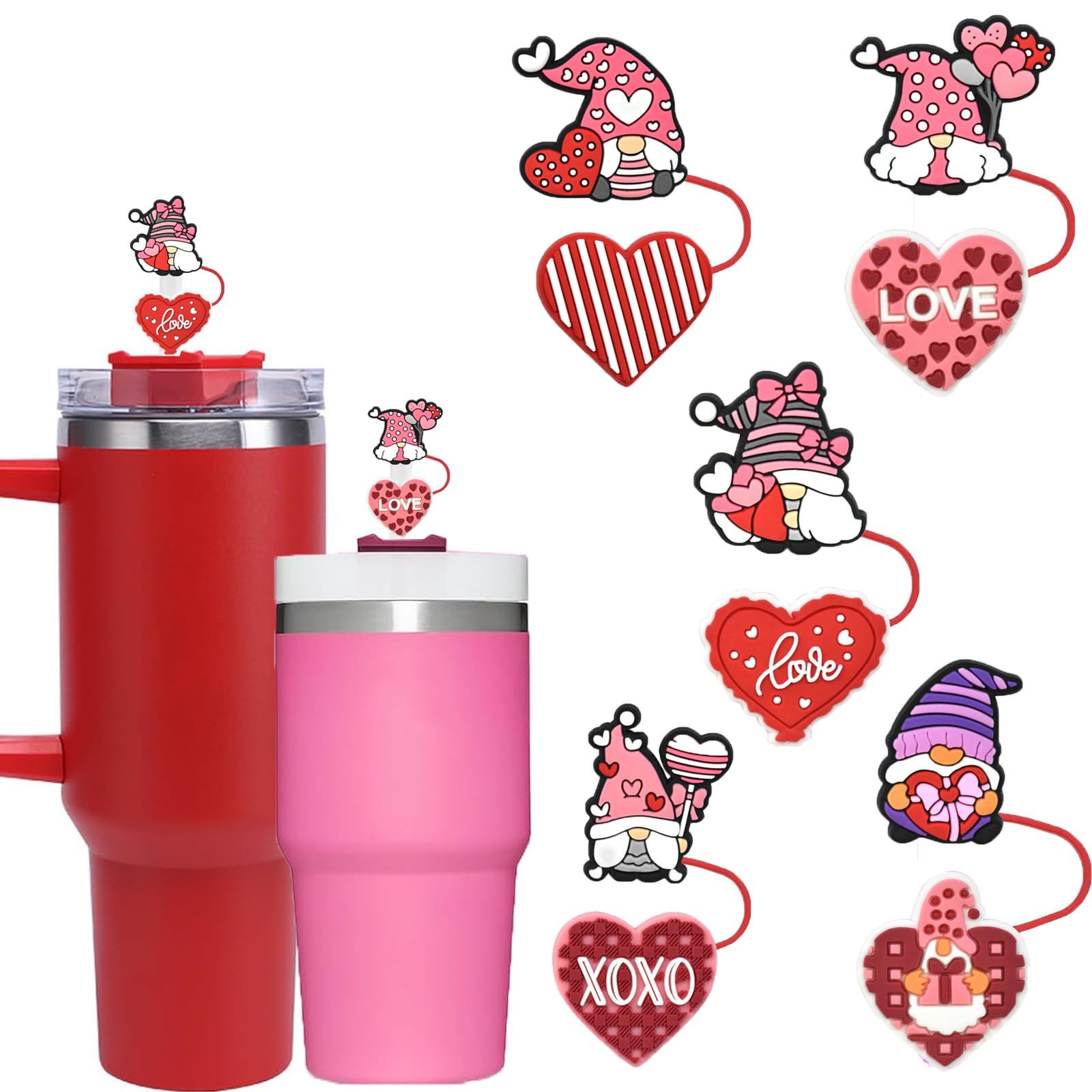 10mm Valentine's Day Straw Covers for Stanley 40&30 Oz Tumbler, Cute Dwarfs Silicone Straws Tips, Reusable Food Grade Heart Cap for Stanley