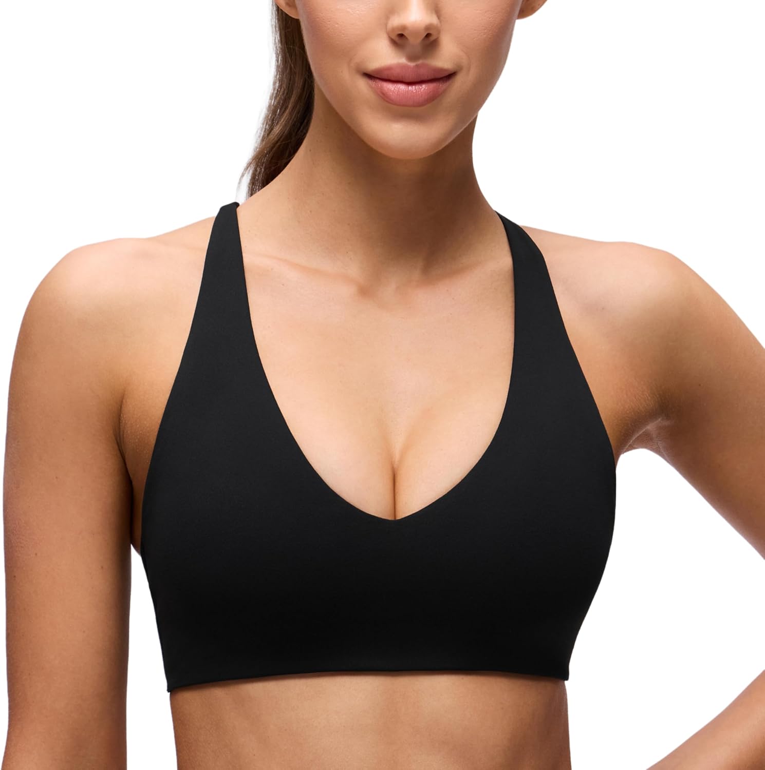 CRZ YOGA Butterluxe V Neck Twist Cross Back Sports Bras for Women - Adjustable Spaghetti Straps Padded Crop Yoga Top