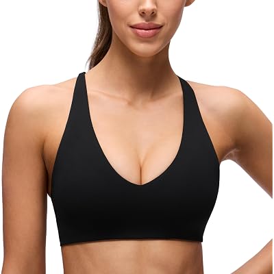 CRZ YOGA Butterluxe V Neck Twist Cross Back Sports Bras for Women - Adjustable Spaghetti Straps Padded Crop Yoga Top