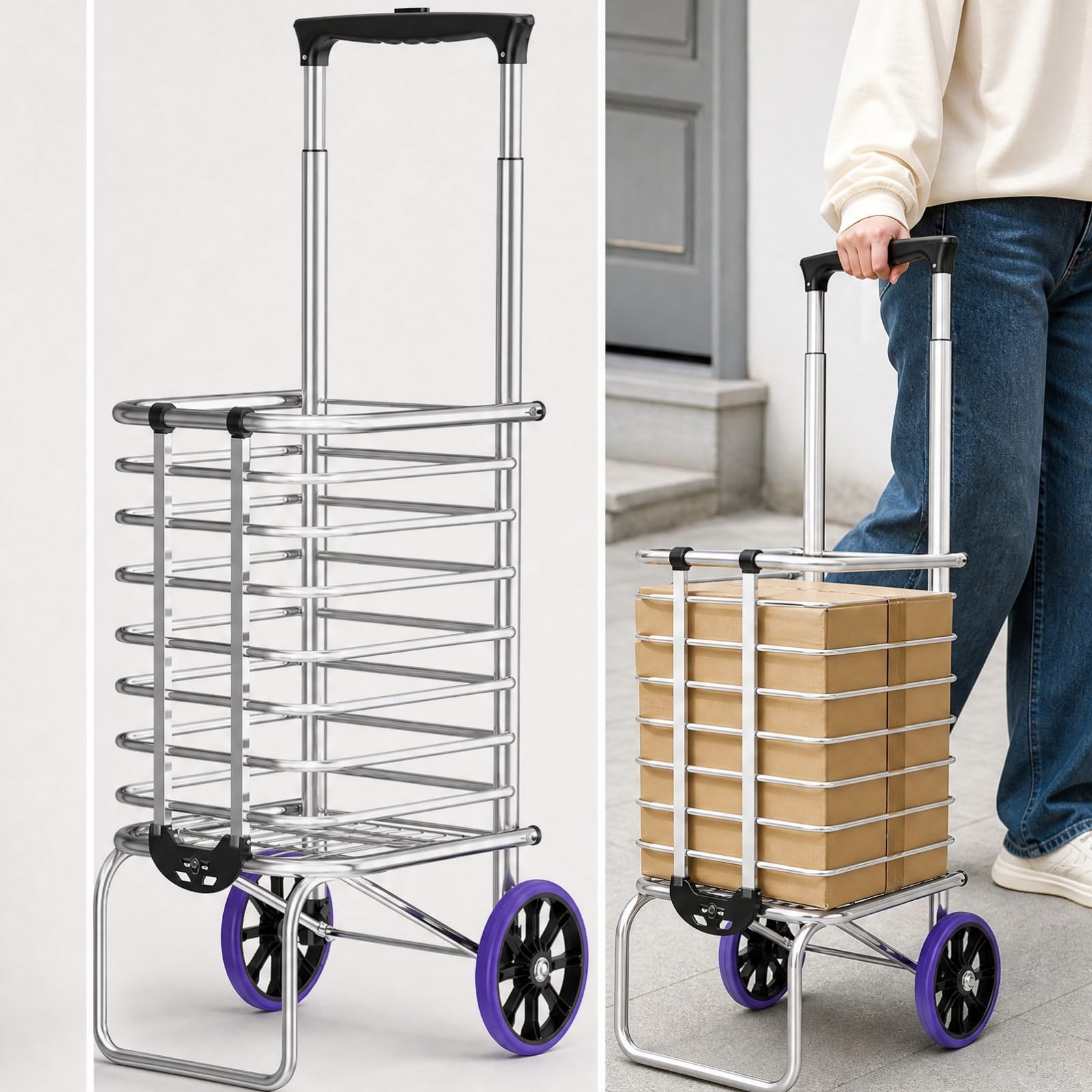 Carrello Trasportino Pieghevole con Ruote Scorrevoli da 16 Struttura a Telaio Aperto in Lega per E il Trasporto di Oggetti Pesanti Kg