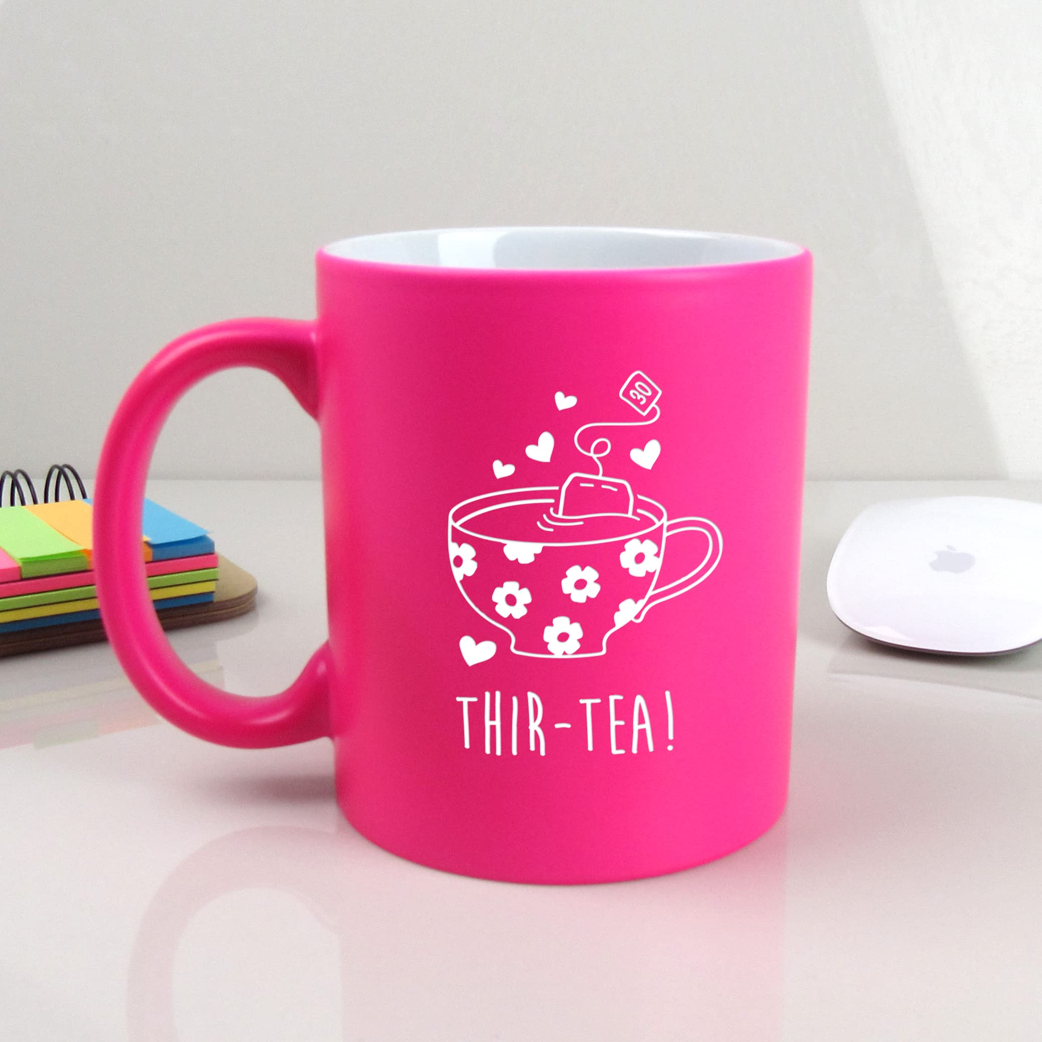 eBuyGB Engraved Neon Pink Coffee Mug -THIR-Tea Design - 310ml Tea Cup, 30th Birthday Gifts for Women, Her - Thirtieth Birthday Gift for Mum, Friend, Sister, Auntie