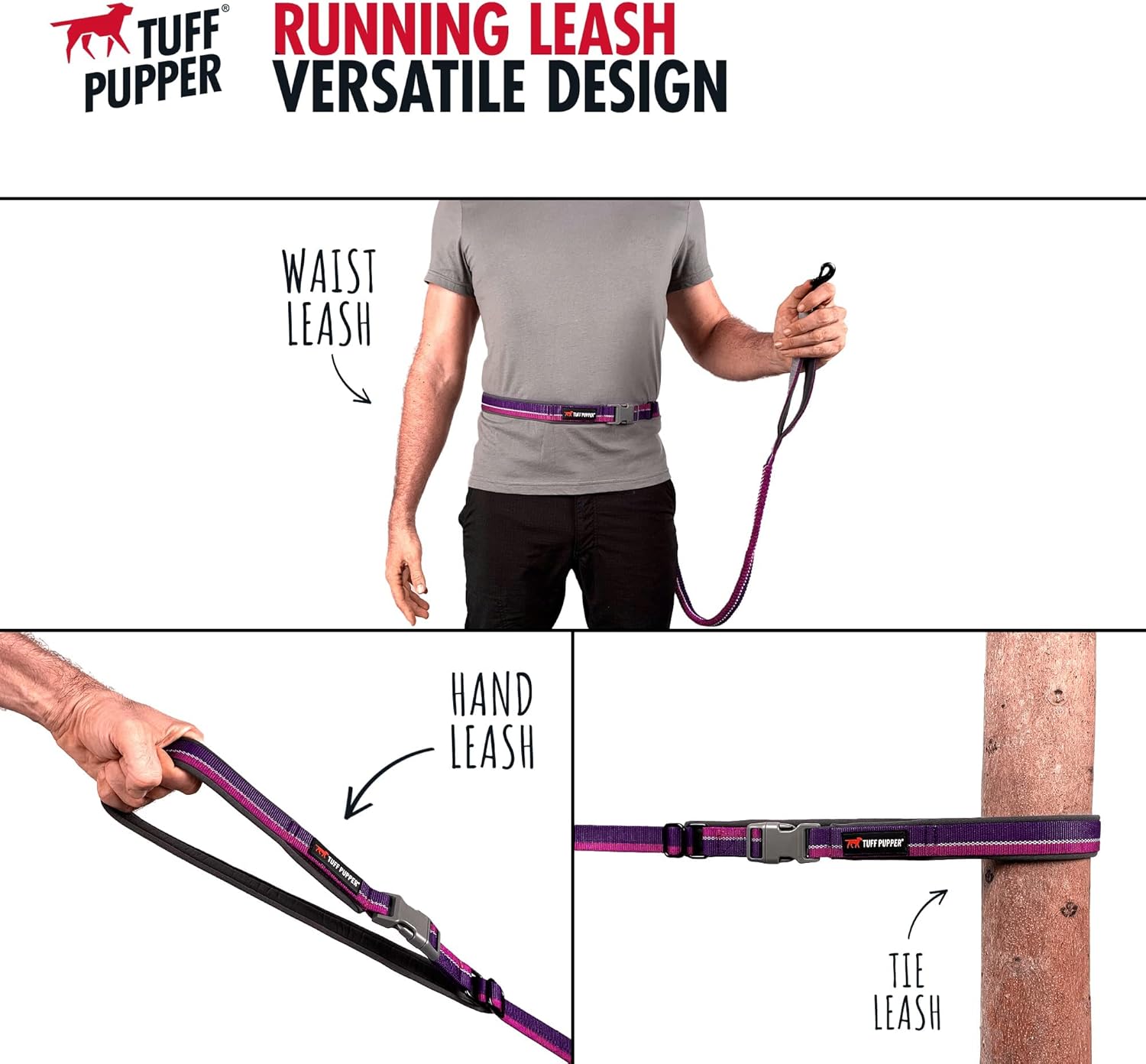 Tuff Pupper Matching Collar (15-19" Neck) and Bungee Running Leash - Punch Purple