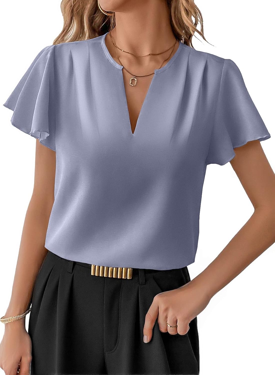 EVALESS Blouses for Women Dressy Casual Summer Ruffle Short Sleeve V Neck Work Tops Busines Office Shirts