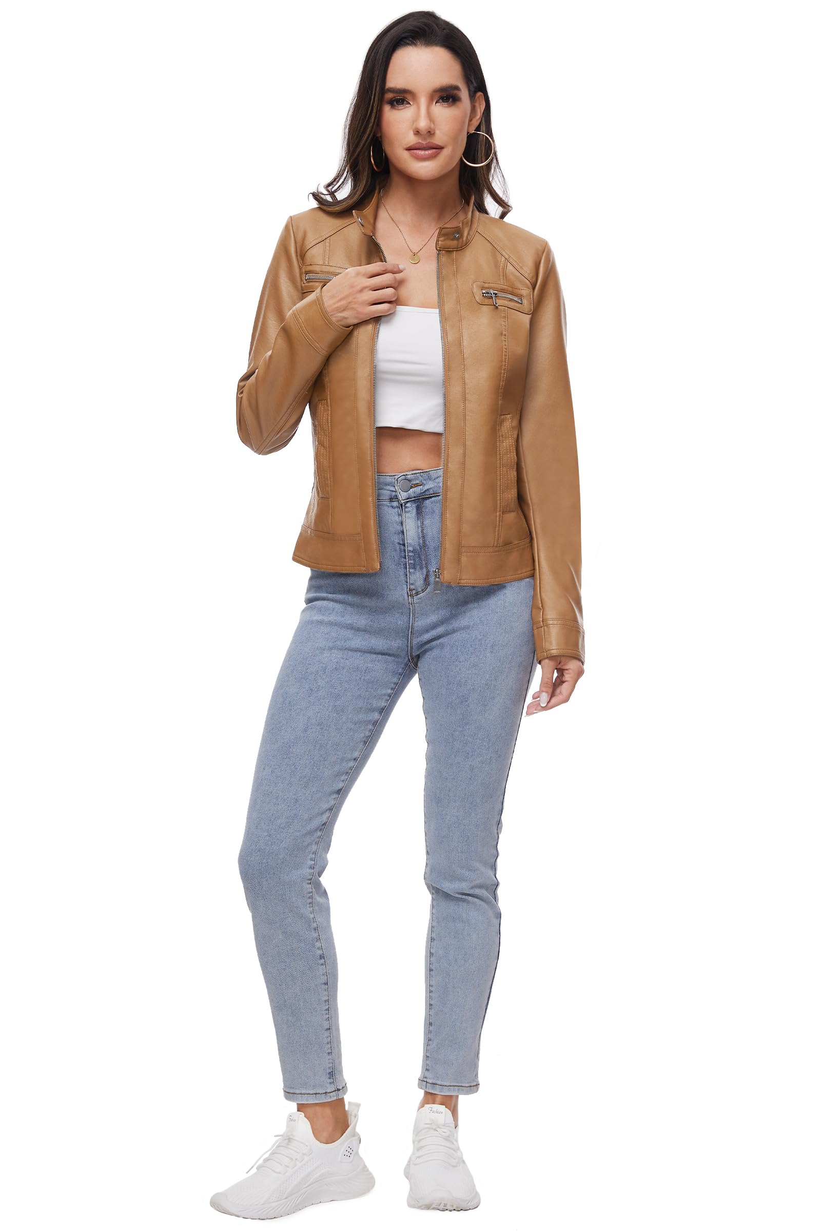 Fahsyee Veste de moto en cuir synthétique avec fermeture éclair pour femme, camel, Large