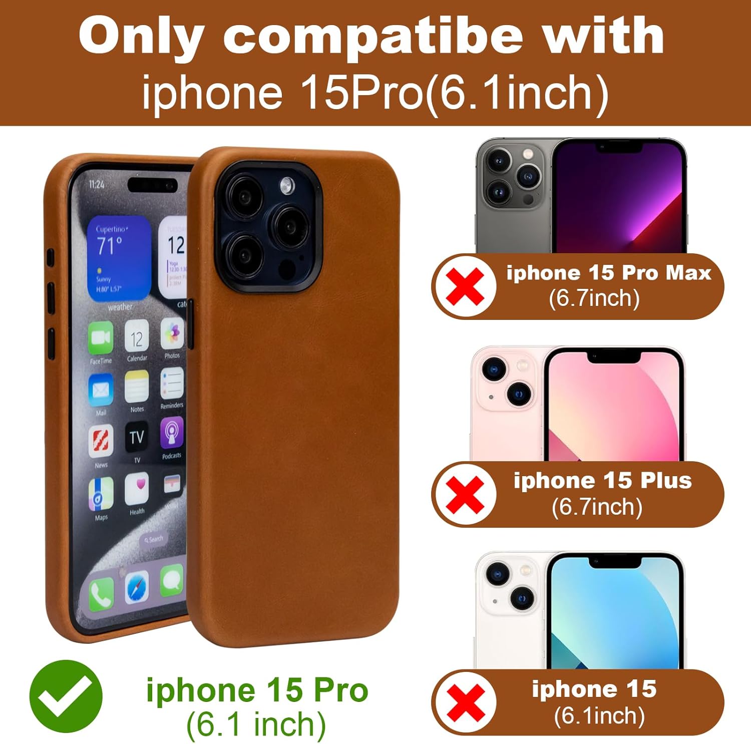 Unique Patina Leather Case for iPhone 15 Pro Brown, Oil Wax Leather, Compatible with MagSafe, Slim Fit, Vintage Aesthetic, Metal Buttons and Camera Bezel for Men Women