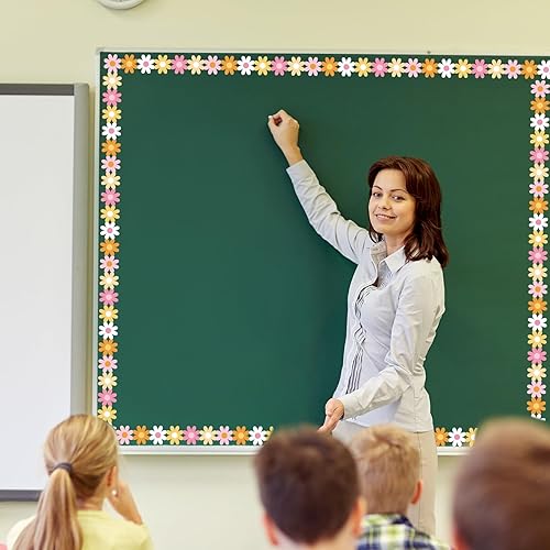 Miniatura 6 de Tablero de anuncios de papel de margarita bohemio de 69 pies, bordes retro groovy para aula, tiras de borde hippie para decoración de aula de