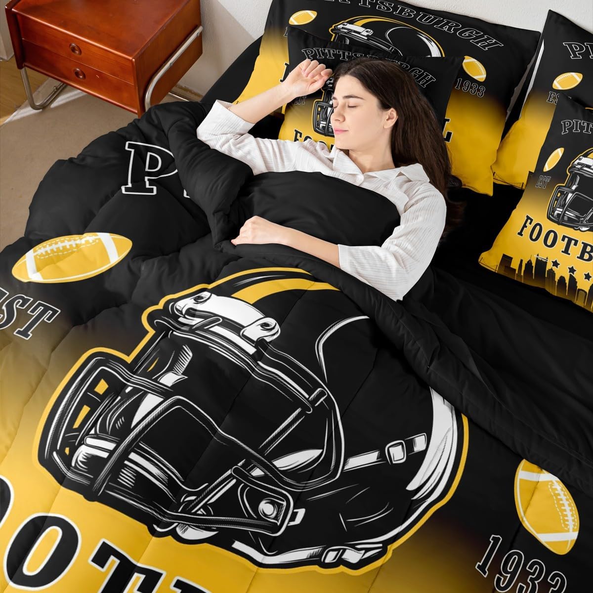Erosebridal American Soccer Queen Bed in A Bag for Kids Boys Teen Adults,Sports Rugby 7 Pcs Bedding Set Football City Comforter Set with Sheets Competitive Games Black Yellow Bed Set