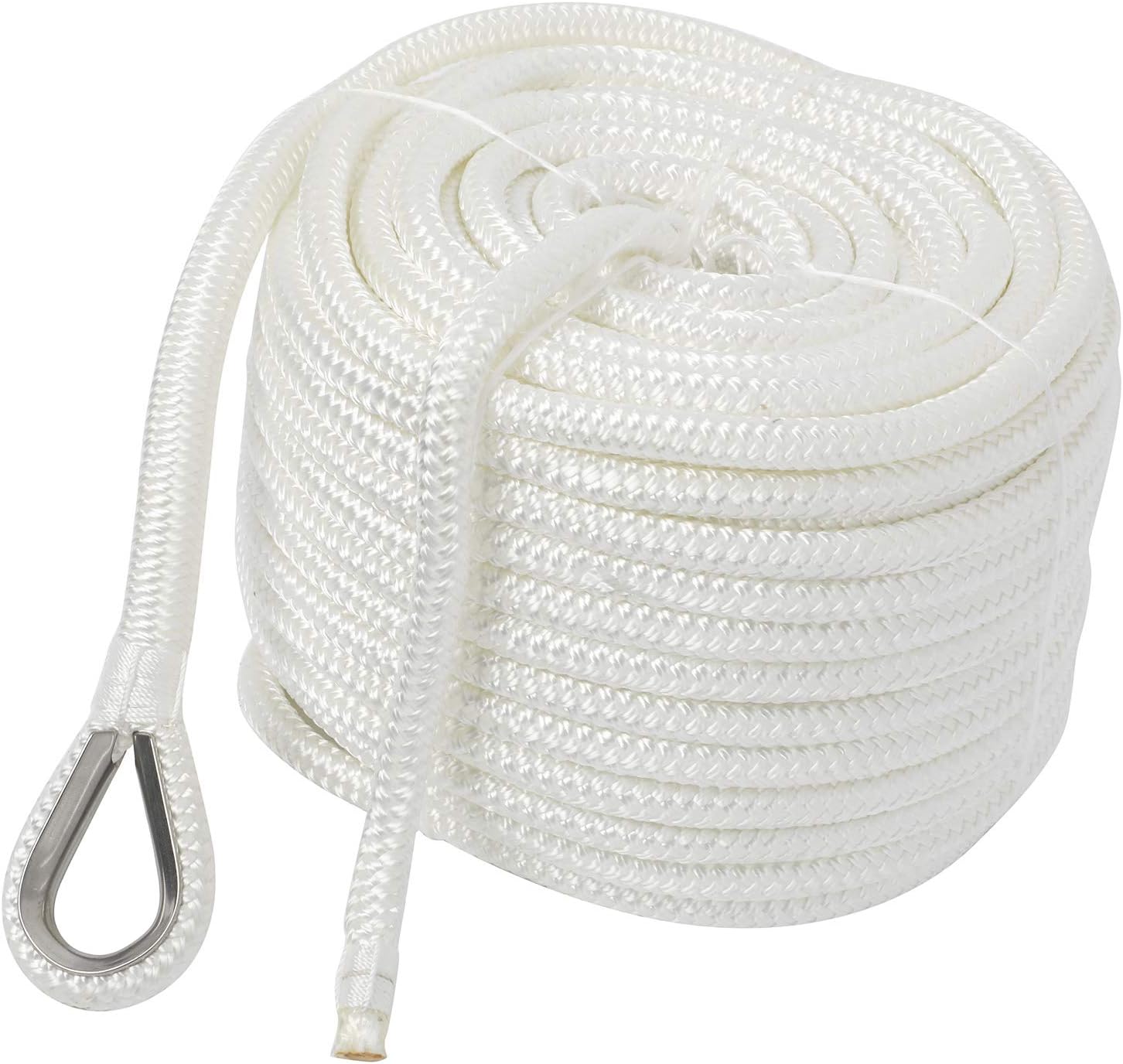 NovelBee 1/2" x 100' Double Braid Nylon Anchor Line with Stainless Steel Thimble,Safe Workload:1,020 Lbs;Tensile Strength:5,100 Lbs (White)