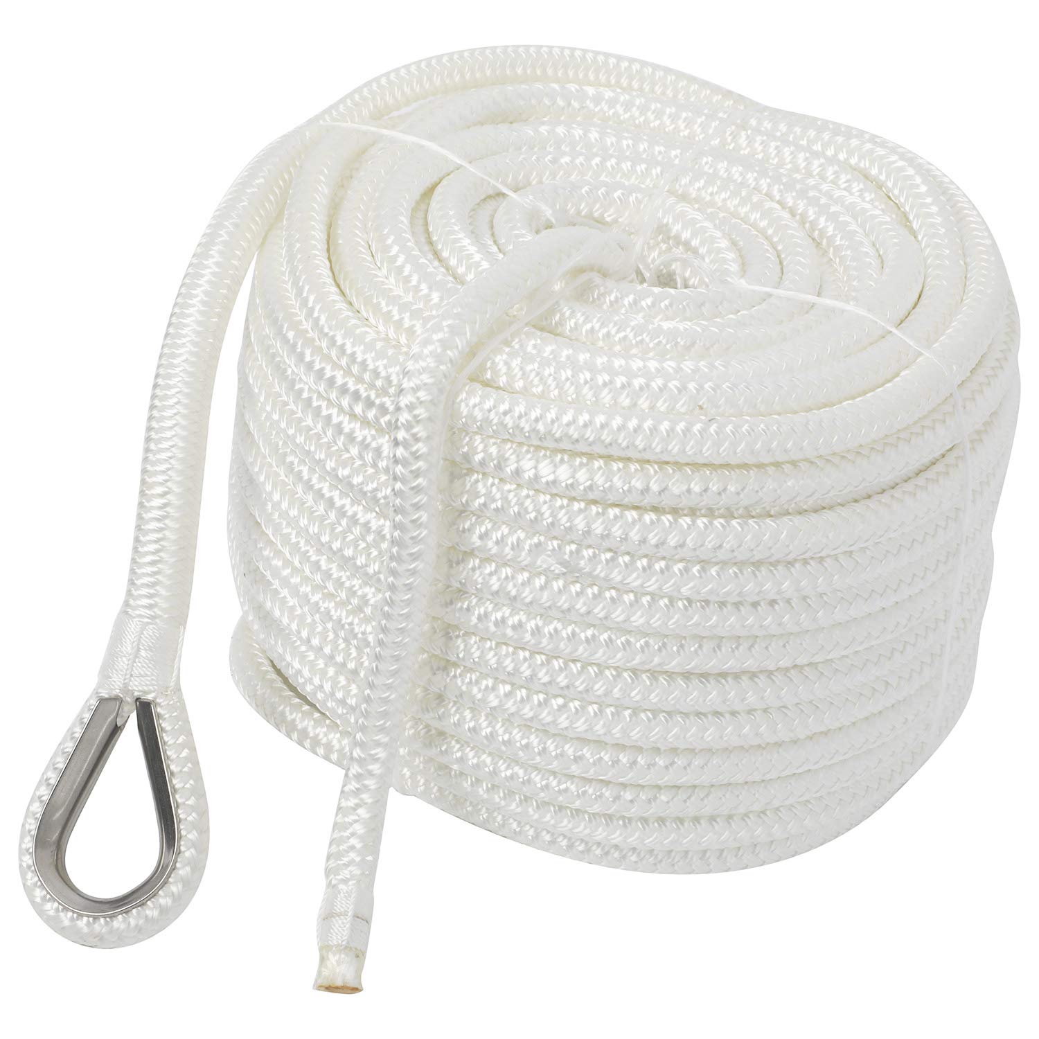 NovelBee 1/2" x 100' Double Braid Nylon Anchor Line with Stainless Steel Thimble,Safe Workload:1,020 Lbs;Tensile Strength:5,100 Lbs (White)