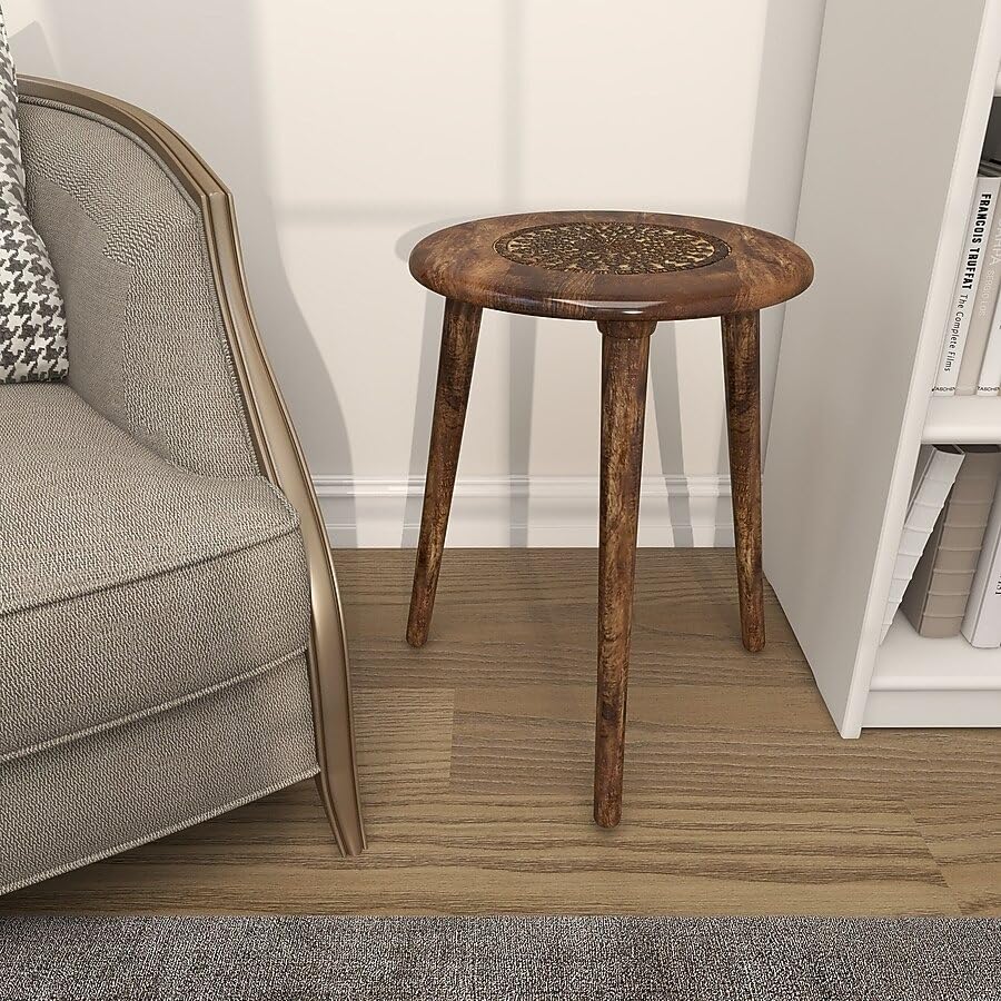 Image of VASIL MART Wooden Table with Three Legs A Modern Round Coffee Table and Side Table for Small Spaces with Pillar Coffee Table for Plants, Books, Magazines (L-18 - INCH)