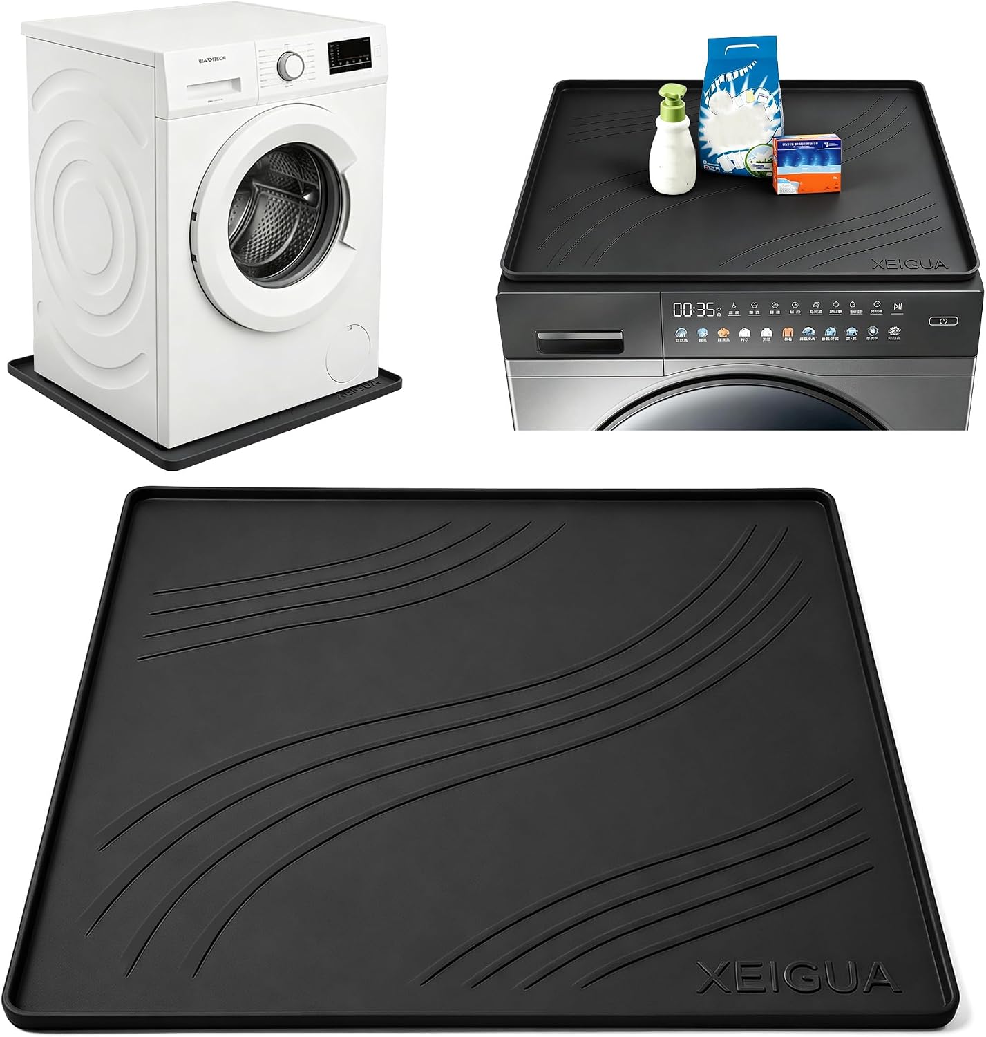 Washing Machine Pan, Washing Machine Drain Pan, Washer Pan, Drain Pan, Upgraded 3.3 LBS Thick Non Slip Leakproof Waterproof Silicone Floor Protector Mat for Washer Dryer, 27x27 Inch (Black)