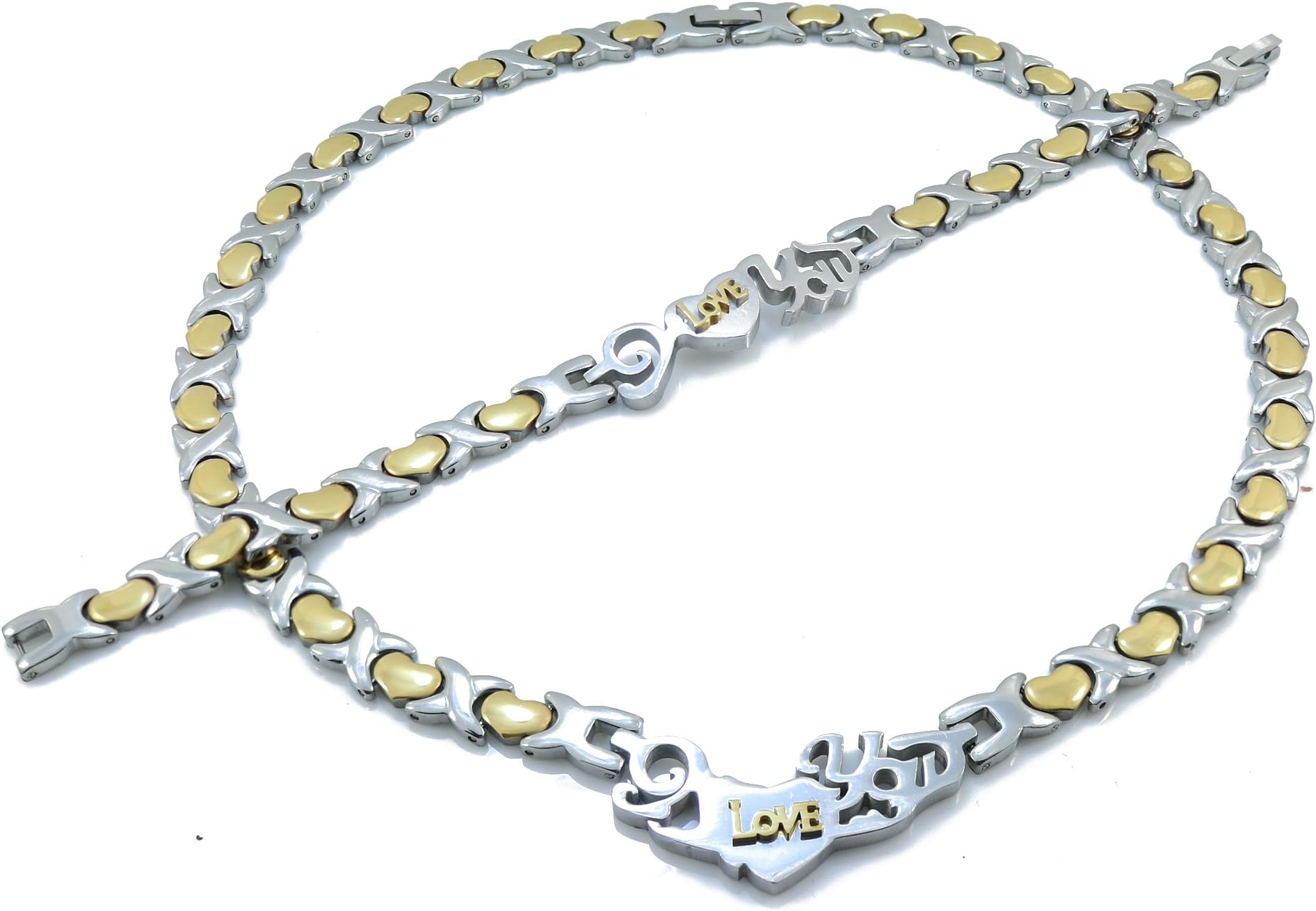 2 Tone I Love You Hugs and Kisses Necklace and Bracelet Set Heart Style