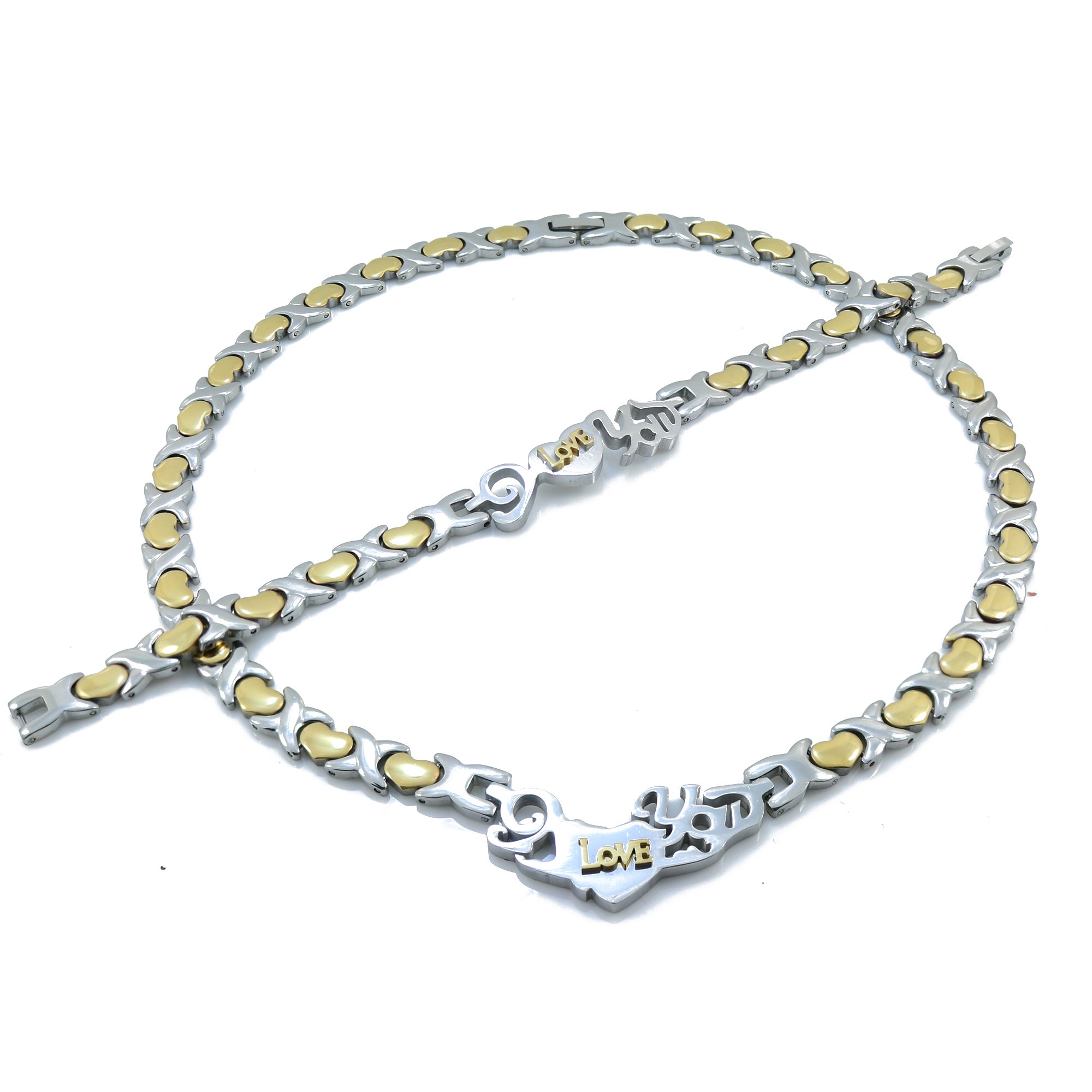 2 Tone I Love You Hugs and Kisses Necklace and Bracelet Set Heart Style