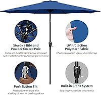Vista 2 de Simple Deluxe Sombrilla de patio al aire libre, protección UV, con botón de inclinación/manivela y 8 varillas resistentes, para mesa, jardín