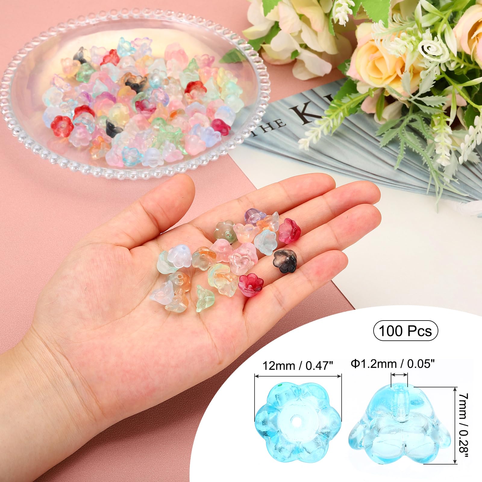 PATIKIL Glass Trumpet Flower Beads, 100 Pcs Gradient Flower Bead Charm for DIY Craft Decorations Clear Blue - Image 2