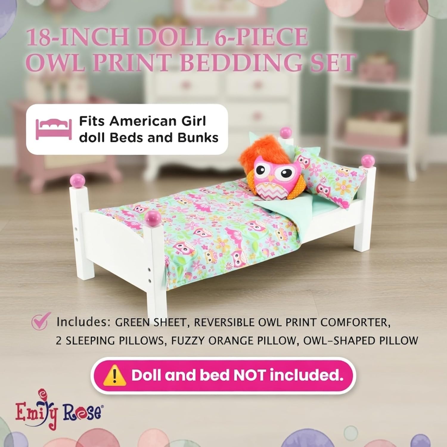 Emily Rose 18 Inch Doll Owl Bedding Set - 6 Piece Reversible Comforter, Sheet & 4 Pillows (Owl + Fluffy Accent) - Fits American Girl Doll Beds, Bunks, Cribs & Cradles - Cute Owl Theme Gift for Girls