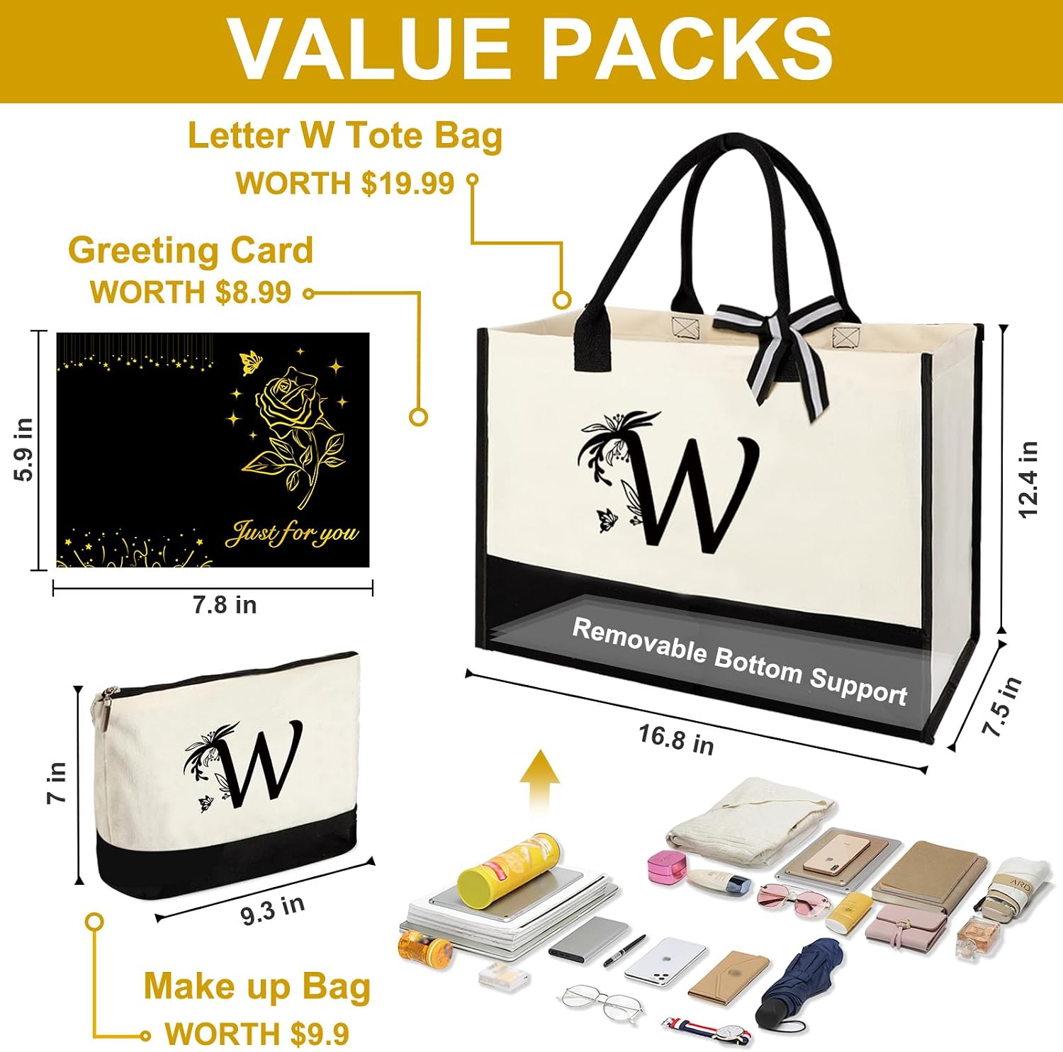 Personalized Gifts for Women - Initial Canvas Tote Bag & Makeup Bag, Custom Bags for Beach, Christmas, Wedding, Birthday, Holiday, Monogram Birthday Gifts for Women, Mom, Wife, Teacher, Friend - W