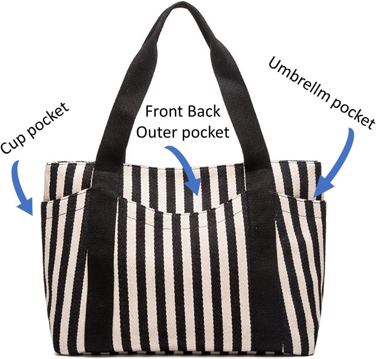 Canvas Tote Bag for Women, Striped Shoulder Handbag With Multi-Pockets & Zipper, Daily Purse for Work, Tavel, Gym