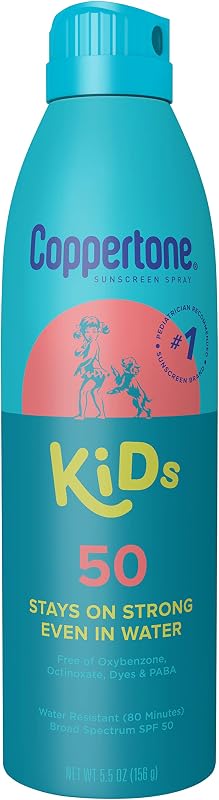 Coppertone Kids Protector solar en spray SPF 50, protector solar resistente al agua para niños, sin oxibenzona ni octinoxato, recomendado por pediatras, amplio espectro UVA/UVB, lata de 5.5 oz