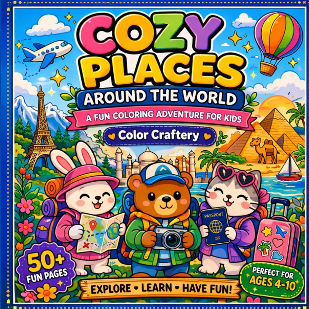 Cozy Places Around the World Coloring Book for Kids: Cute Animal Adventures, Travel Scenes, Relaxing Fun Pages for Ages 4–10