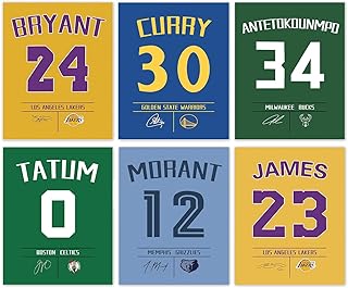 Inspirational Basketball Wall Art, Stephen Curry Lebron James Ja Morant Jersey Canvas Motivational Posters for Boy's Room Man Cave Decor, Basketball Star Jersey Art Prints, Set of 6 (8"x10" Unframed)
