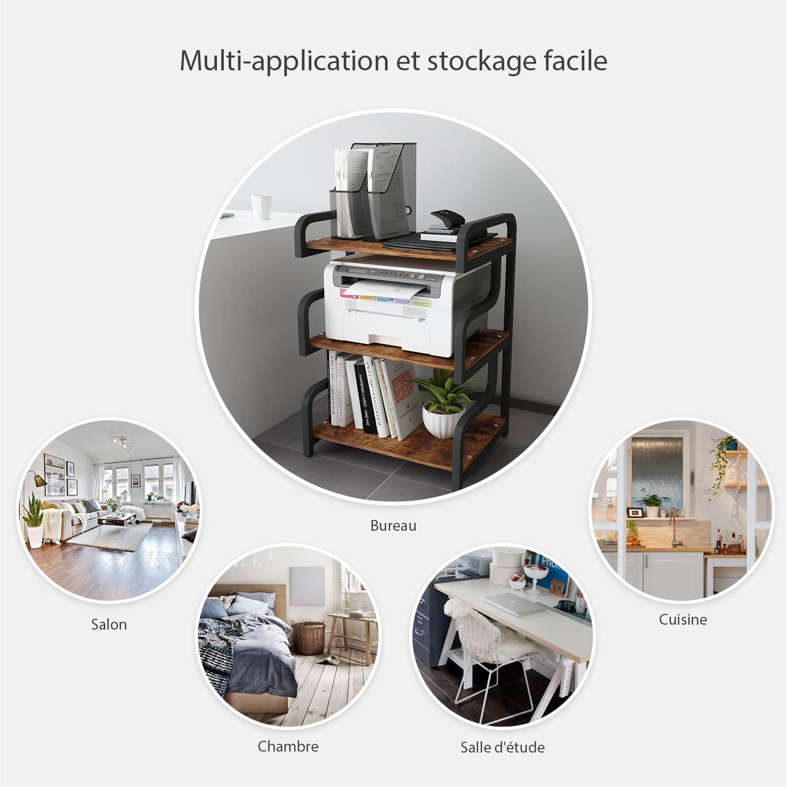 PUNCIA Support Imprimante à 3 Niveaux Meuble pour Imprimante 55x40x84 CM | avec Stockage Support pour Imprimante Étagère Imprimante en Bois Meuble de Rangement Scanner Fax pour Bureau Maison (Marron)