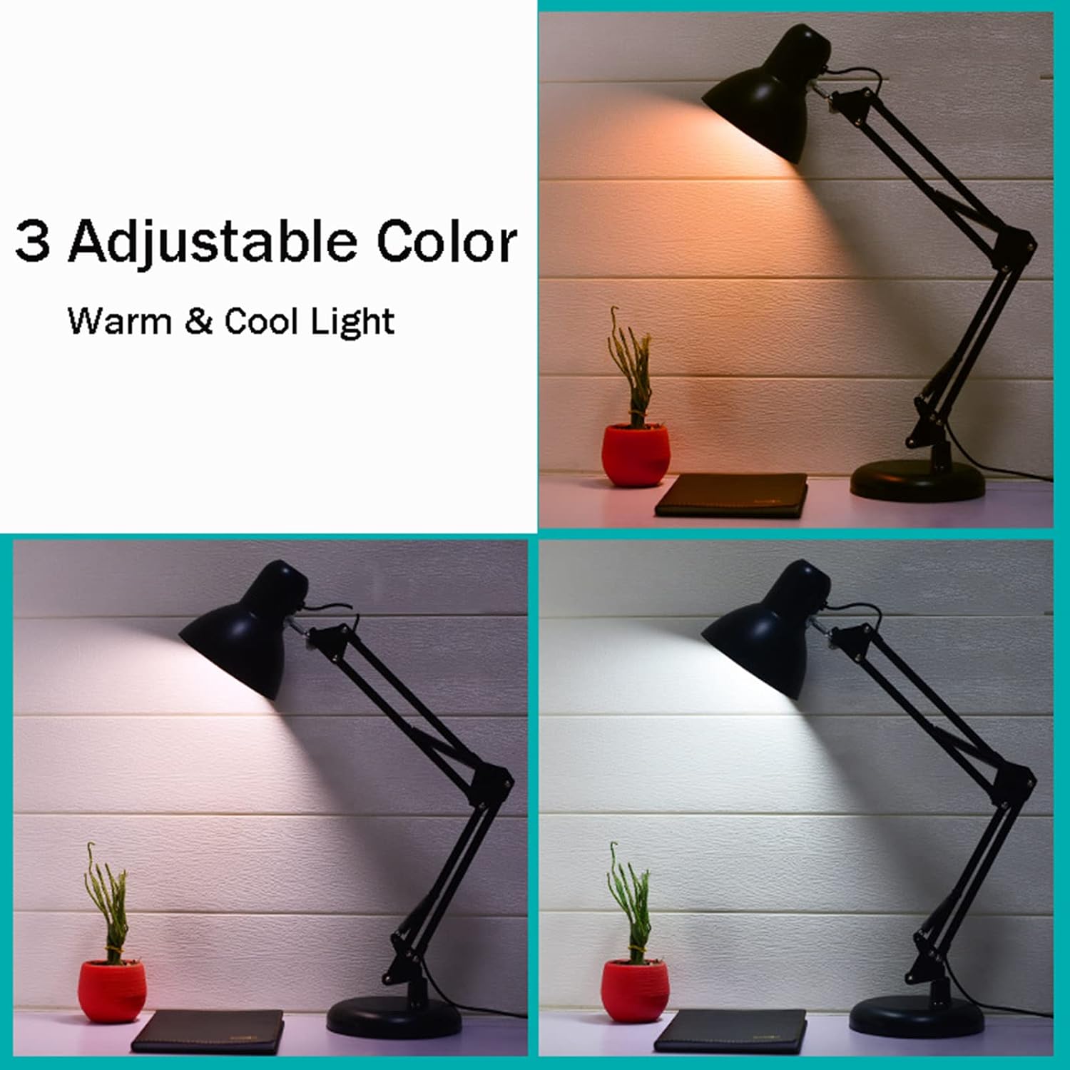 Metal Swing Arm Desk Lamp, 3 Light Colours Adjustable Architect Lamp with Clamp, On/Off Switch Eye-Caring Table Lamp for Bedroom Home Office, Black