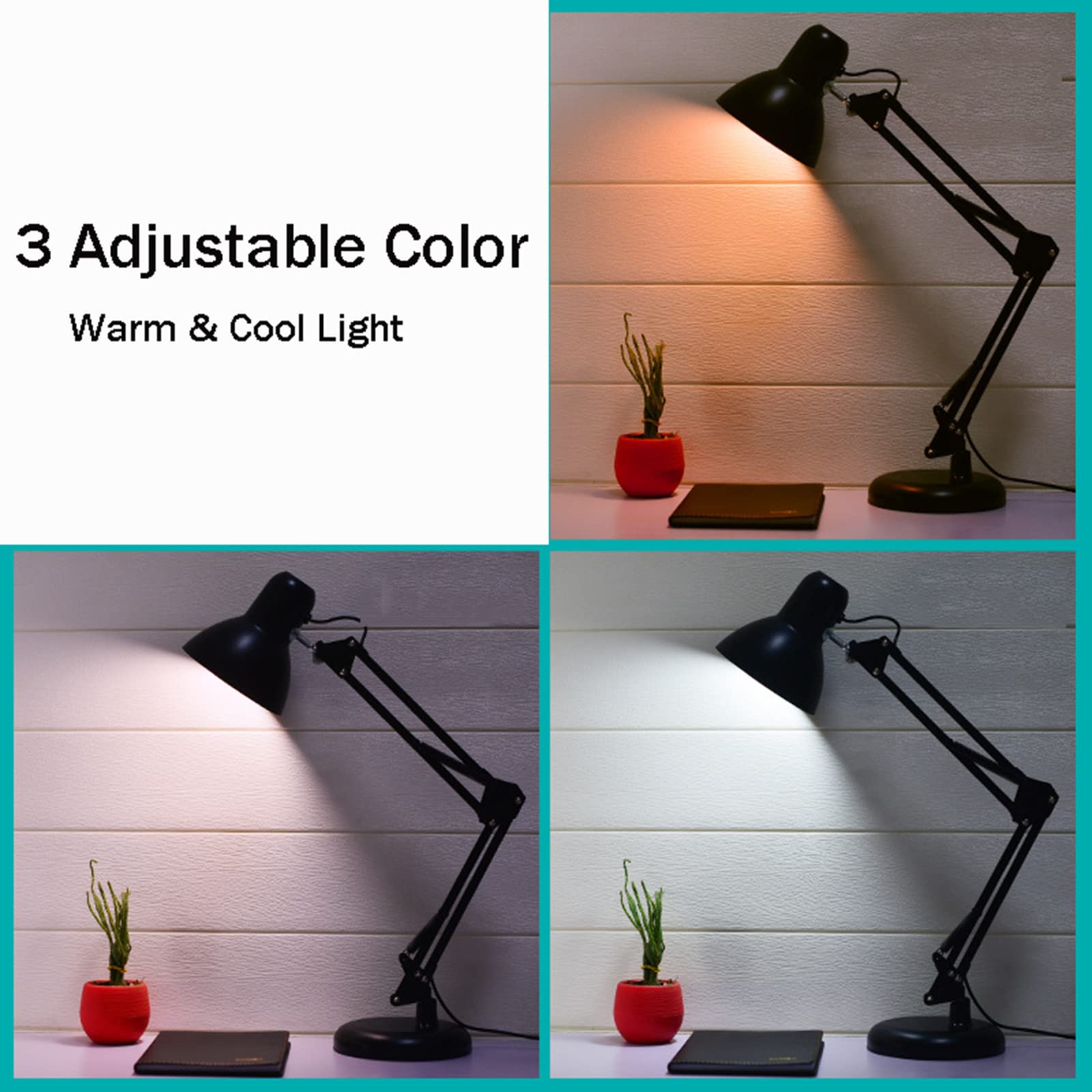 Nero LED Lampada da Scrivania con Pinza Regolabile Braccio Orientabile Architetti Lampada 3 Colori Lampada Lettura per La Casa E L'Ufficio