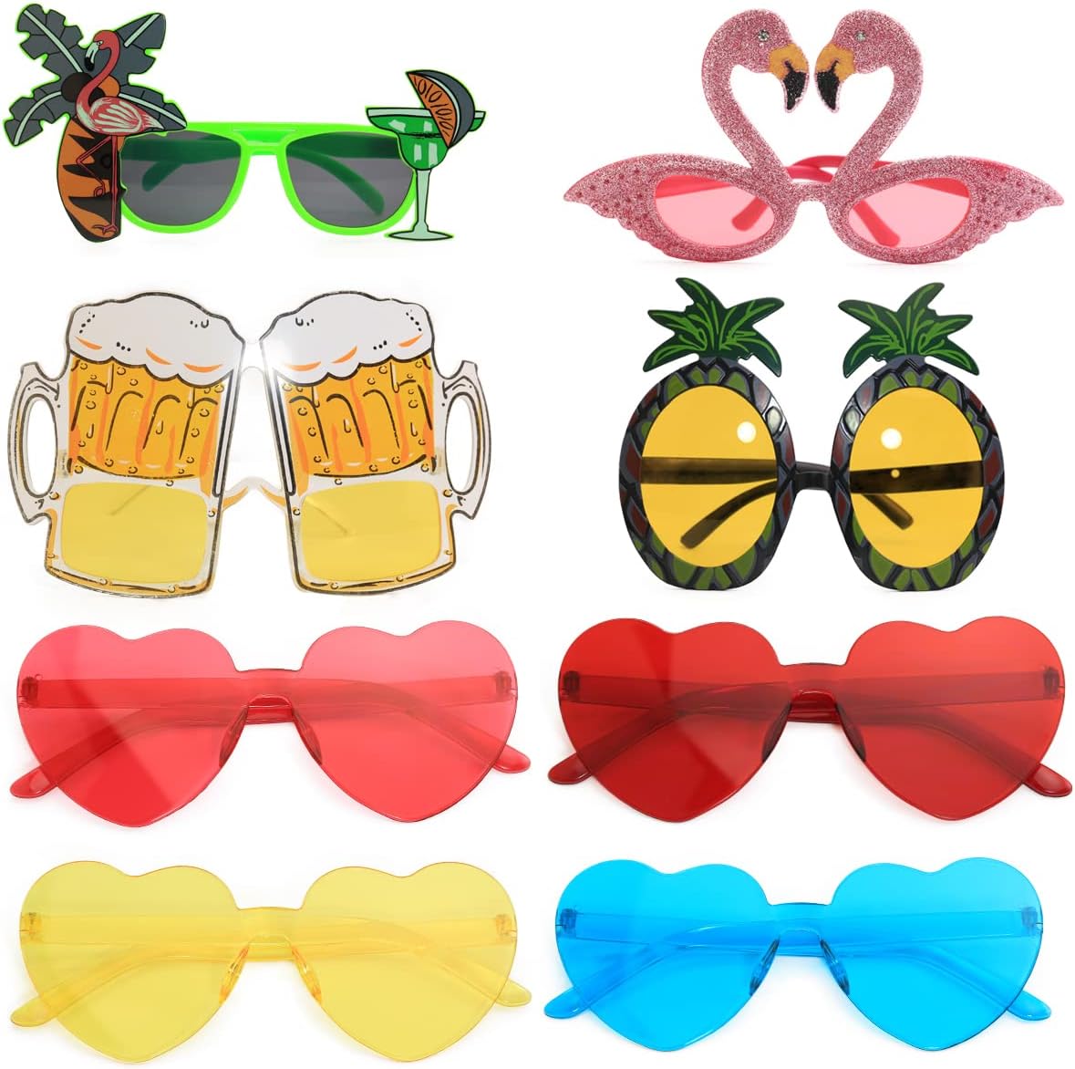 jsysj 8 Pairs Party Glasses, Rimless Heart Sunglasses, Hippie Heart-Shaped Glasses, Funny Glasses, Hawaiian Tropical Glasses for Beach Theme Decoration, Party Accessories, Photo Props
