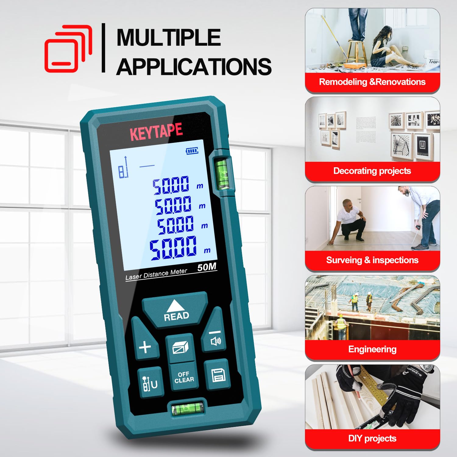 Medidor Láser, DT100 Medidor de Distancia Láser 100M / 328 pies, Medidor de Presión Portátil Herramienta de Medición de Flujo Digital, Pantalla LCD Retroiluminada más Grande de 4 Líneas IP54