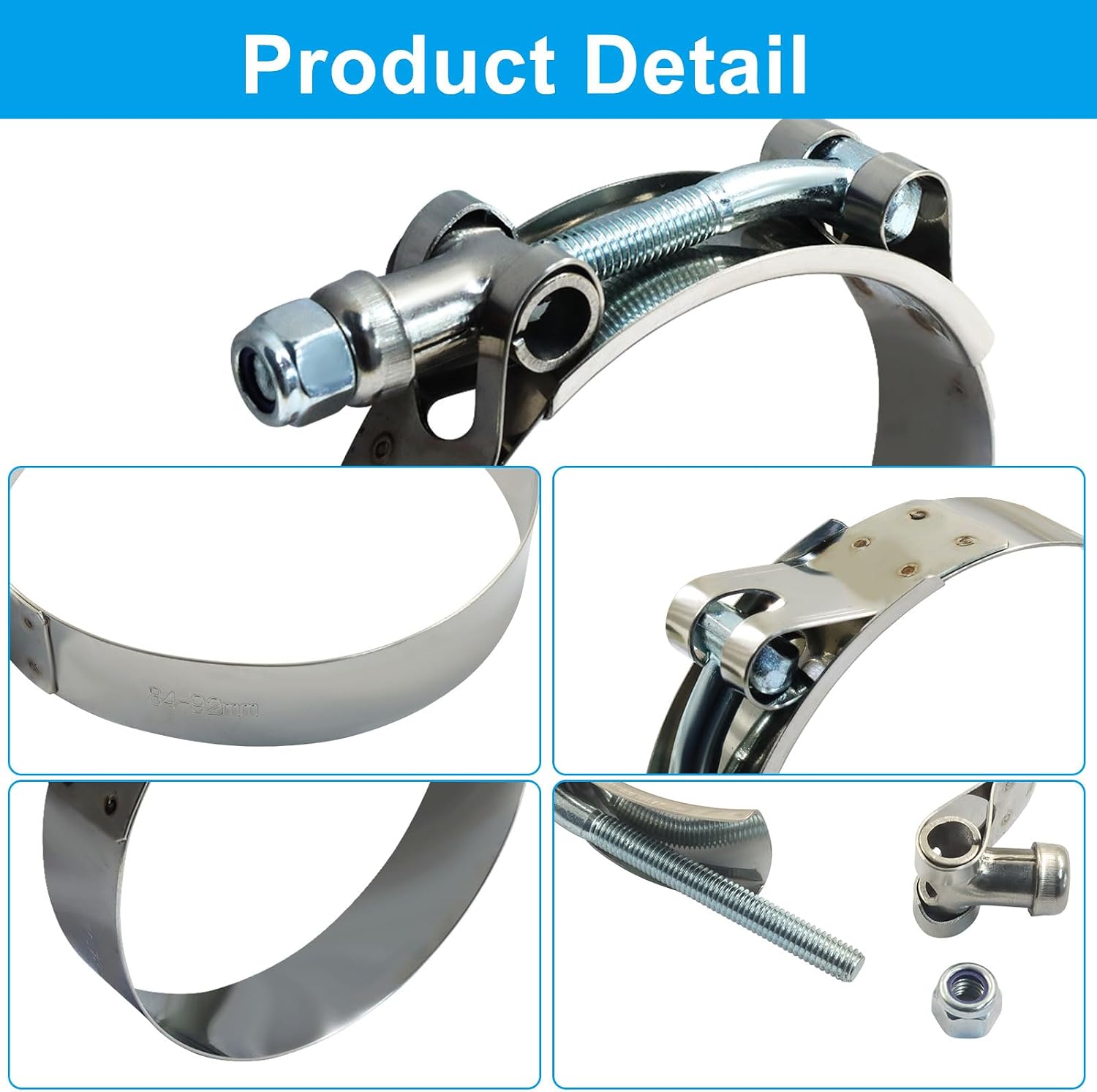3 Inch T-Bolt Hose Clamps (2 Pcs) - T Bar Clamp for 3 Inch Hose ID, Size Range 84-92mm, Secure Leak-Proof Design