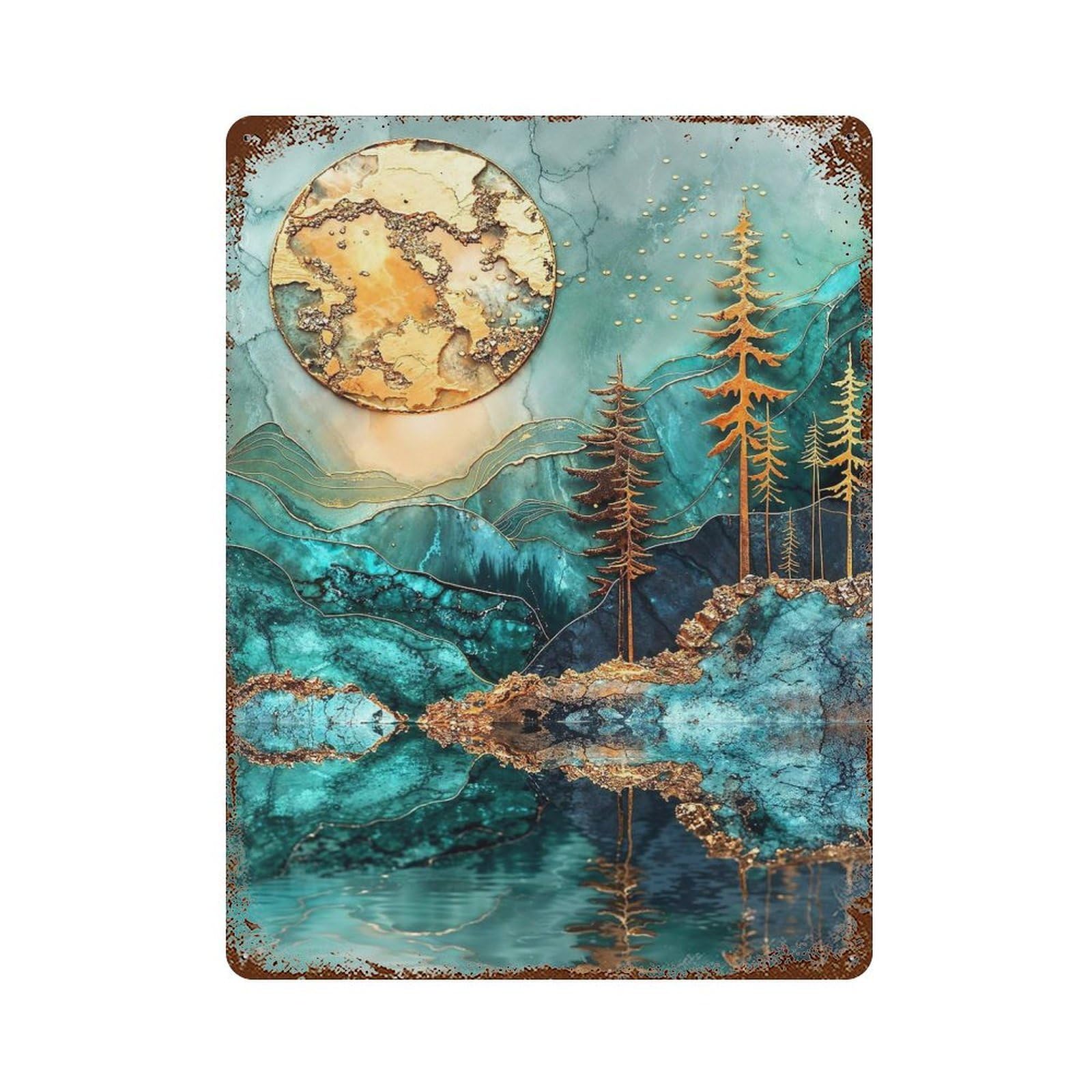 Golden Moonlit Pines Distressed Metal Wall Sign 15.7"x11.8", Ideal for Garage, Bar And Workshop Decor